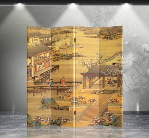 Chinese Garden Double Sided Canvas Room Divider - Hand Painted Asian Inspired Folding Screen for Home Decor, Office Partition & Meditation Space
