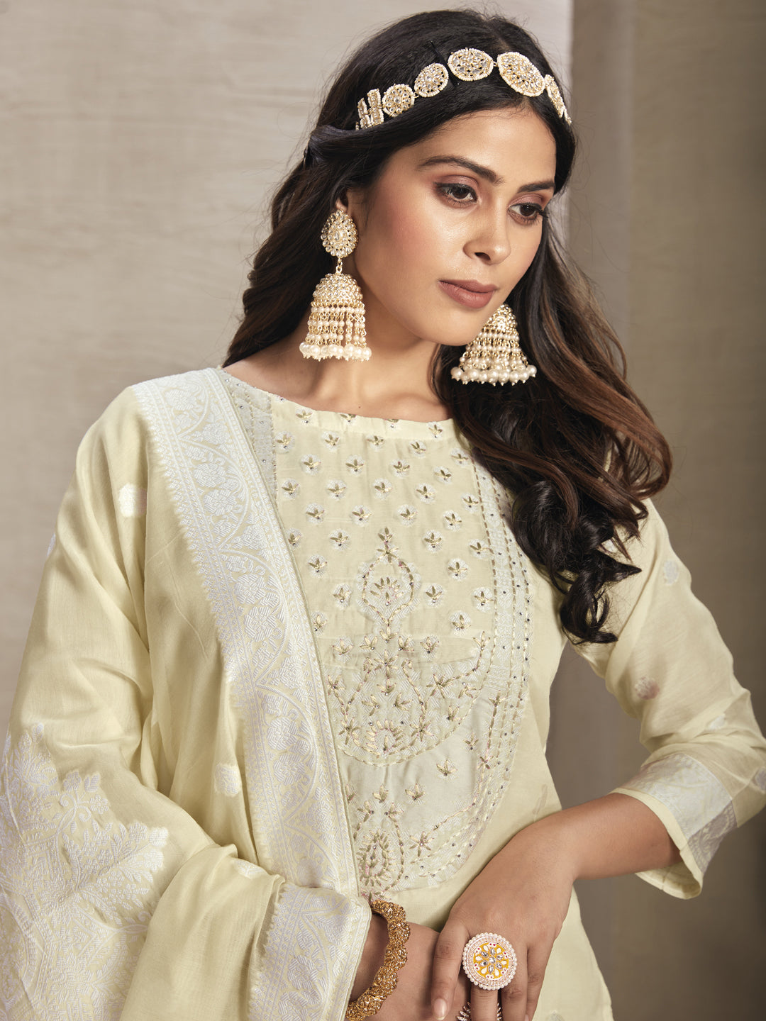 Elegant Beige Organza Pant Suit with Wevon Design Diamond Work - Perfect for Weddings, Parties & Special Occasions