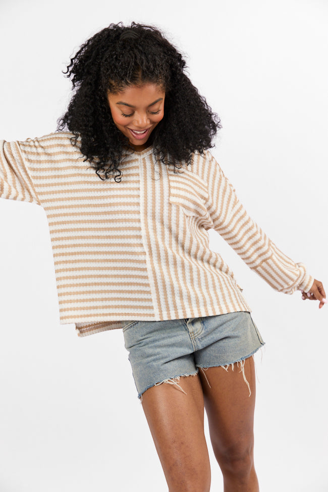 All For Sun Tan and Ivory Striped Knit V-Neck Long Sleeve Tee - Women's Casual Striped Shirt for Beach, Vacation & Everyday Wear | Final Sale