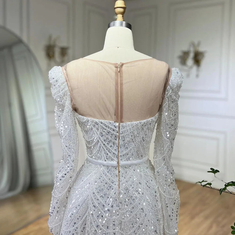 Elegant Dubai White A-Line Luxury Evening Dress with Pearl Beading - Long Sleeve Women's Gown for Weddings, Parties & Special Occasions | Perfect for Bridal Showers, Galas & Formal Events