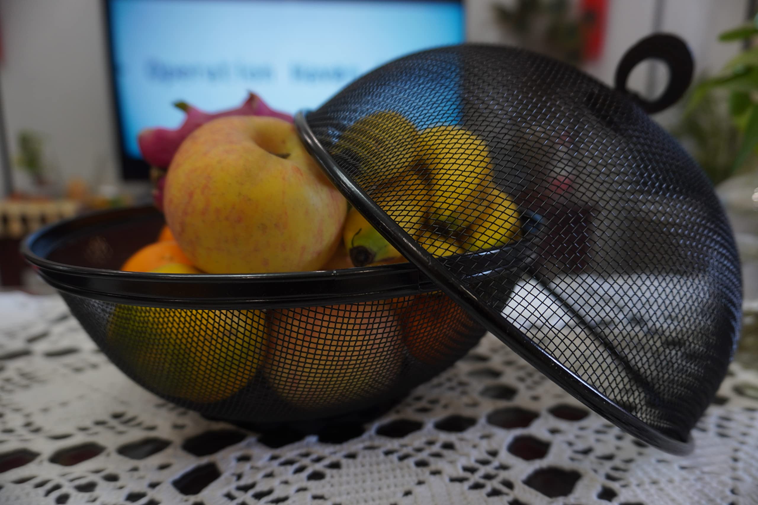Stainless Steel Fruit Basket with Lid - 2 Pack Decorative Wire Mesh Bowl for Fruits & Vegetables, Fly-Proof Kitchen Storage & Display, Perfect for Countertop, Dining Table, and Party Serving (10.7 Inch, Black)