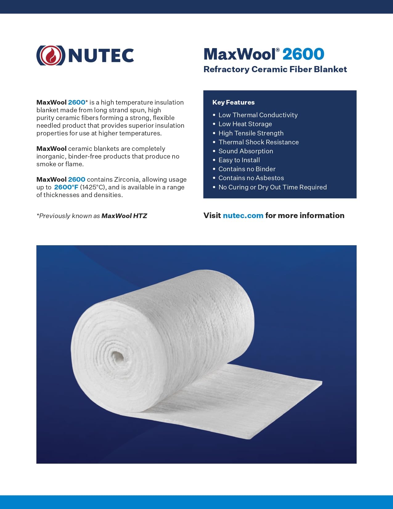 High-Temperature Nutec Ceramic Fiber Blanket - 8 Lb Density, 1