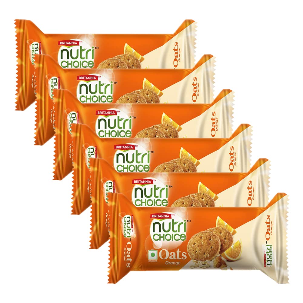 NutriChoice Oats Orange Biscuits 2.64oz (75g) - 6 Pack - Healthy Crunchy Breakfast Cookies - Perfect for Tea Time, Office Snacks & Kids Lunch Boxes