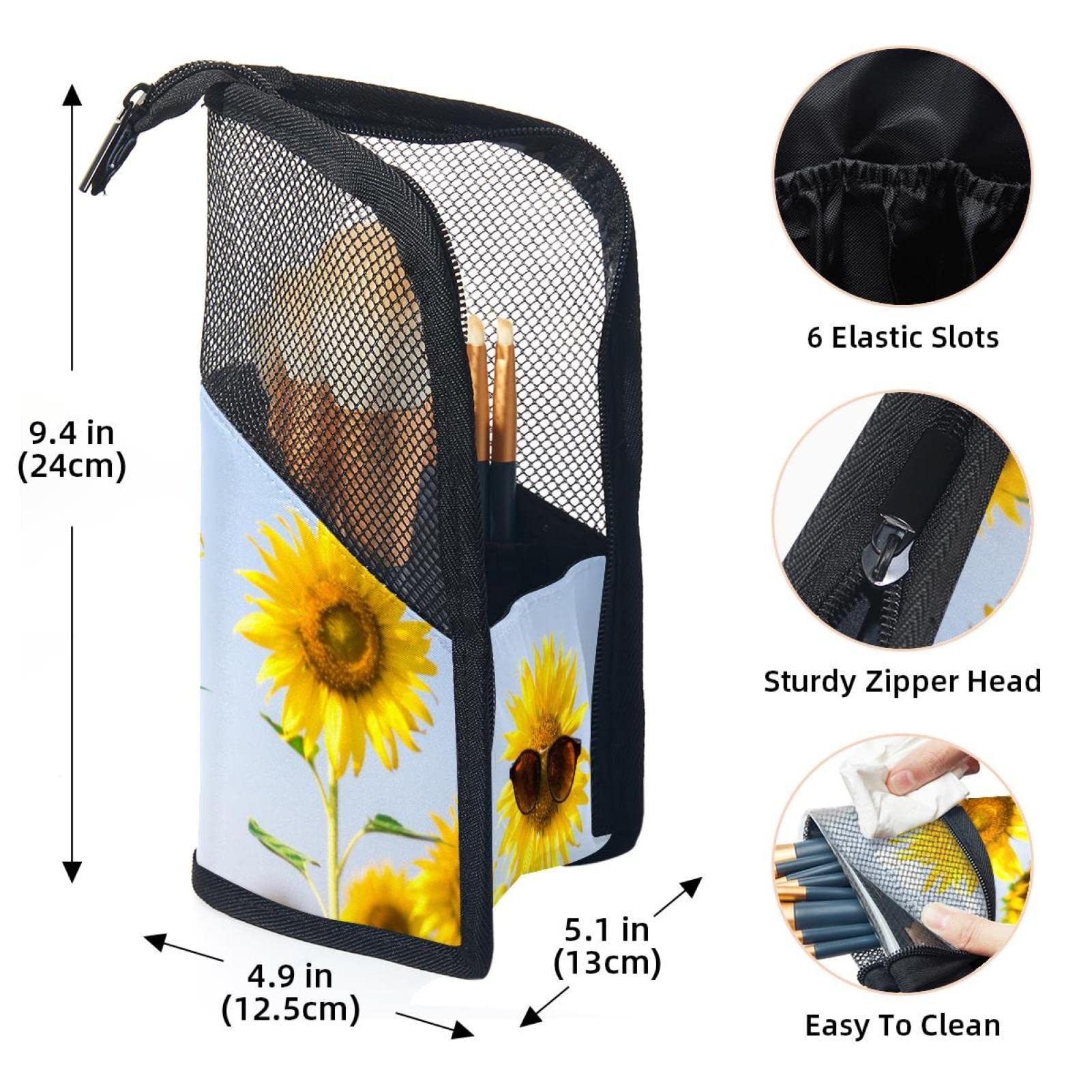 12-Piece Makeup Brush Organizer Bag with Sunflower Sunglasses Design - Portable Cosmetic Brush Holder Case for Travel & Home Storage