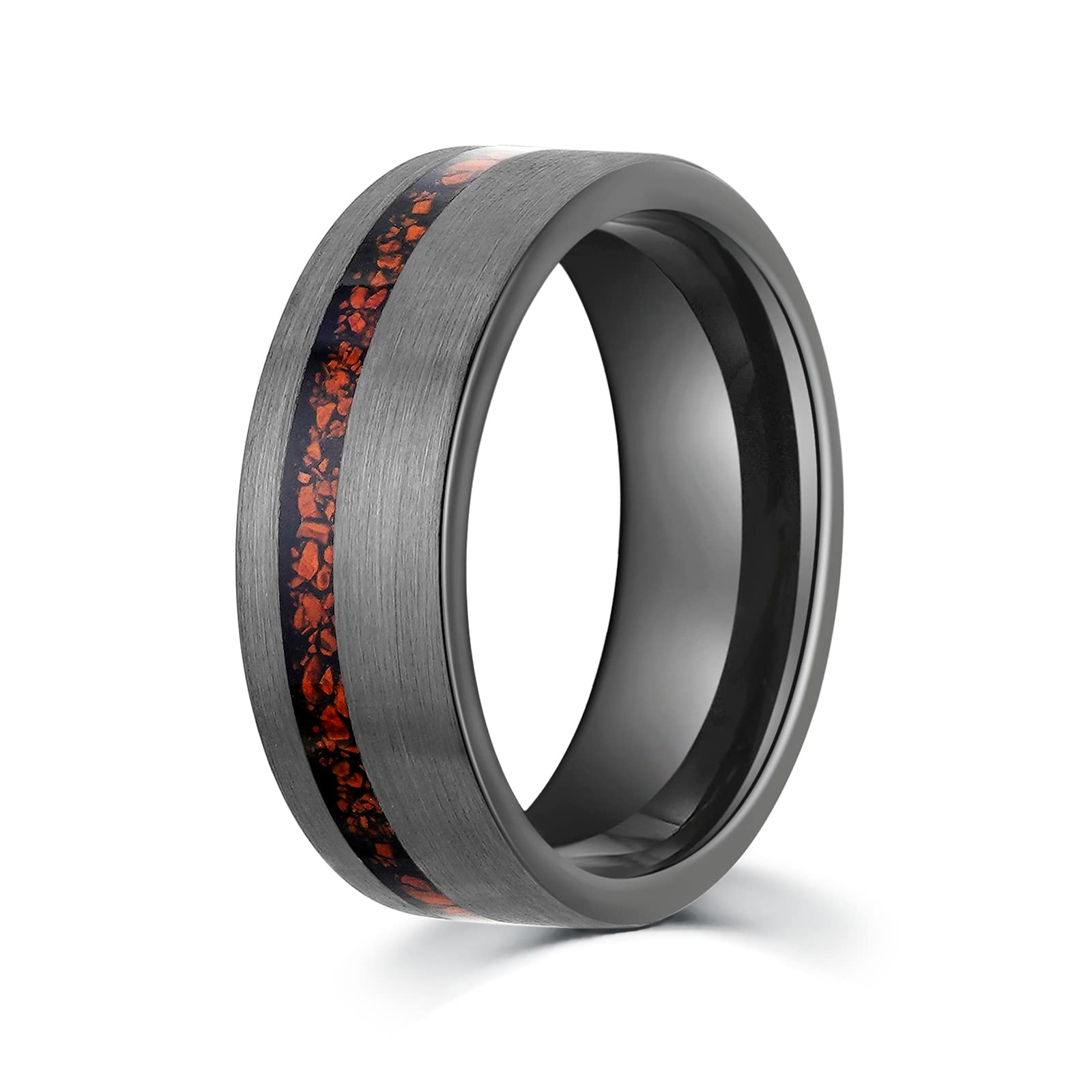 Dinosaur Bone & Meteorite Men's Wedding Ring - Brushed Gunmetal Tungsten Band, 8mm Comfort Fit - Unique Groomsmen, Anniversary & Gift Jewelry for Outdoor Enthusiasts