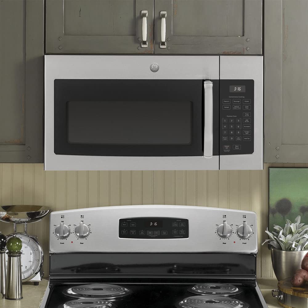 GE JVM3160RFSS 1.6 Cu. Ft. Stainless Steel Over-the-Range Microwave Oven with 2-Year CPS Protection Pack - Perfect for Kitchen Remodeling & Small Space Cooking