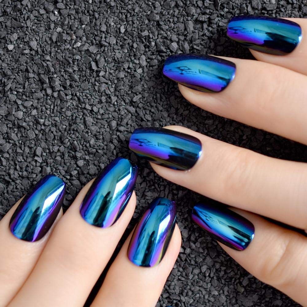 Chrome Ballerina Coffin False Nails - Holographic Blue Purple Mirror Reflection Tips for Long Lasting Wear | Perfect for Parties, Weddings, and Special Events