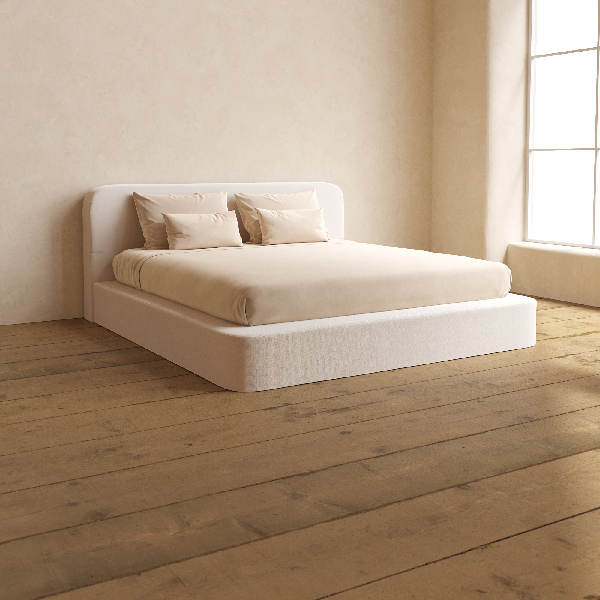 King Upholstered Platform Bed with Headboard - Plush Weave Eggshell Fabric Queen Size Bed Frame for Modern Bedroom | Perfect for Master Bedroom, Guest Room & Apartment Living