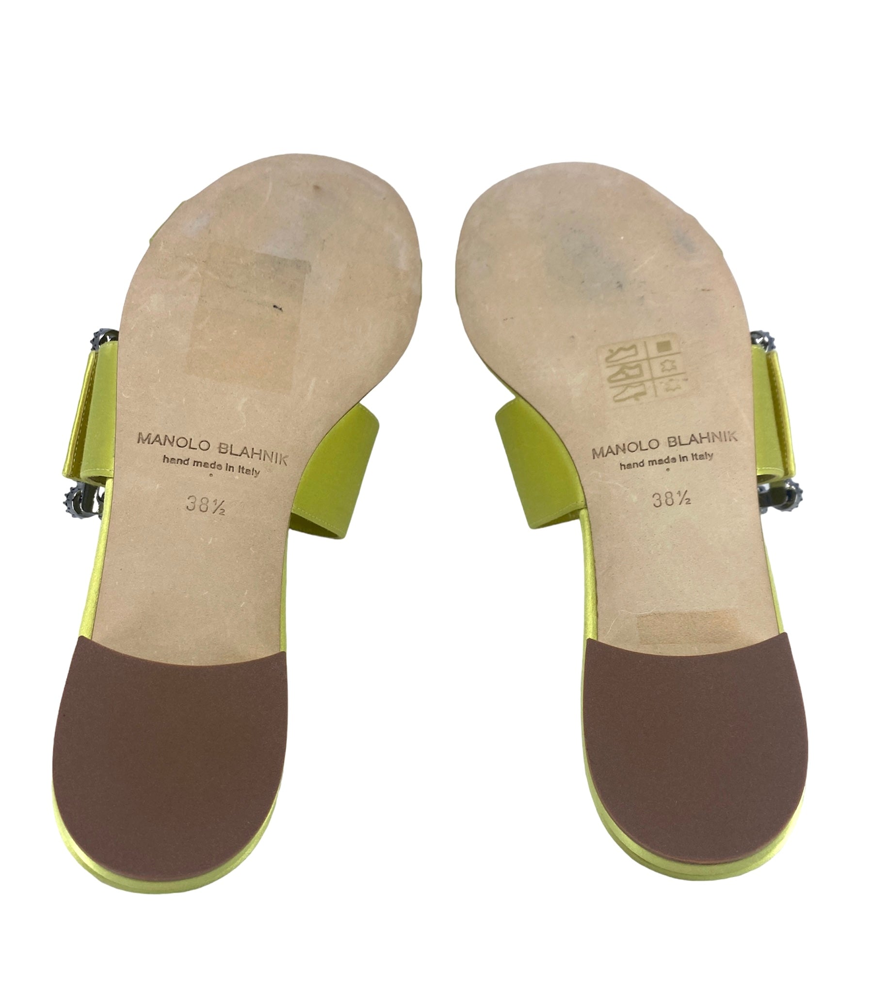 Manolo Blahnik Verda Crystal Buckle Flat Sandals - Women's Size 38.5 (US 8.5) Green Leather Summer Shoes | Elegant Comfort for Weddings, Parties & Beach Vacations