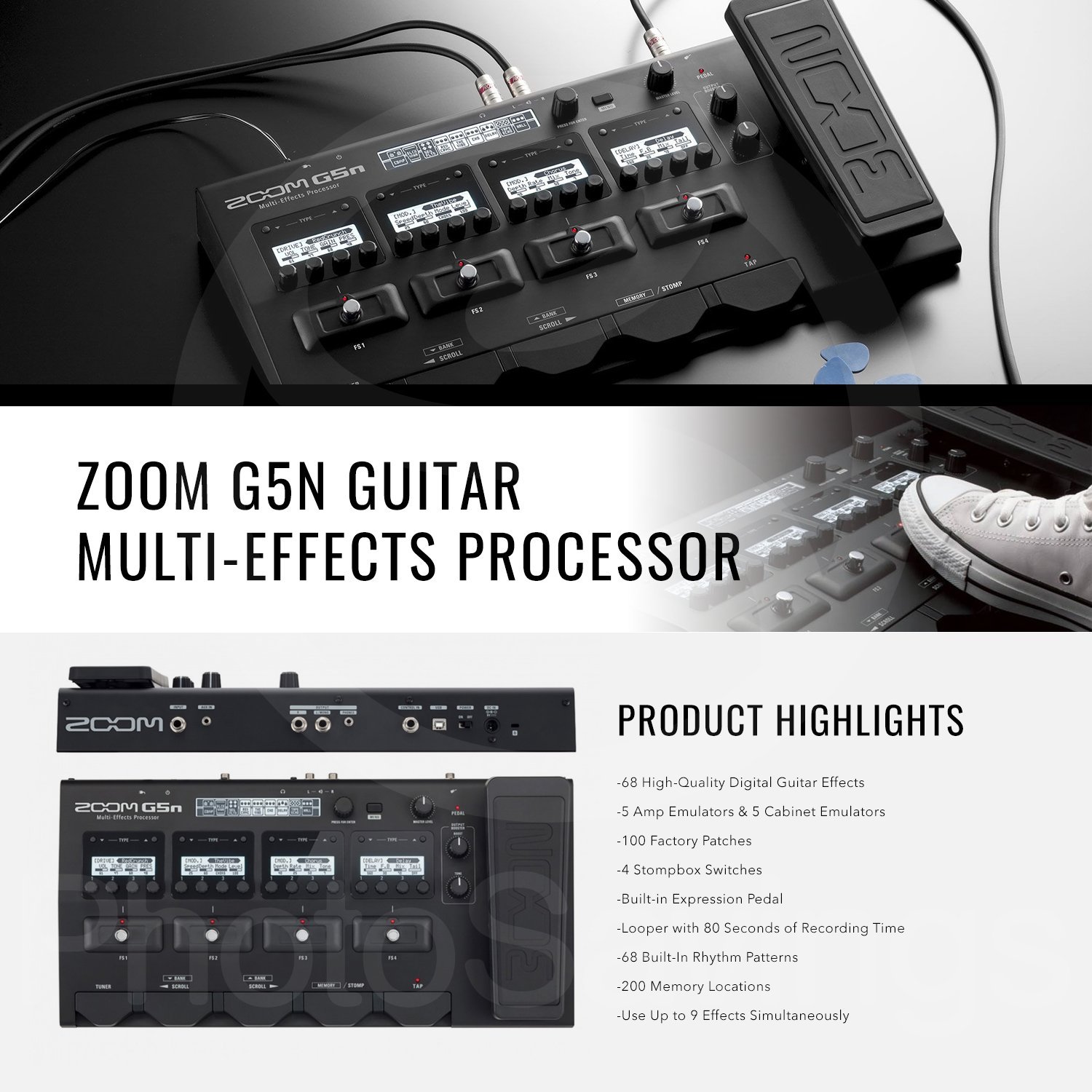 Zoom G5n Multi-Effects Guitar Processor with Closed-Back Headphones, Cables & Fibertique Cloth - Perfect for Live Performances, Studio Recording & Home Practice
