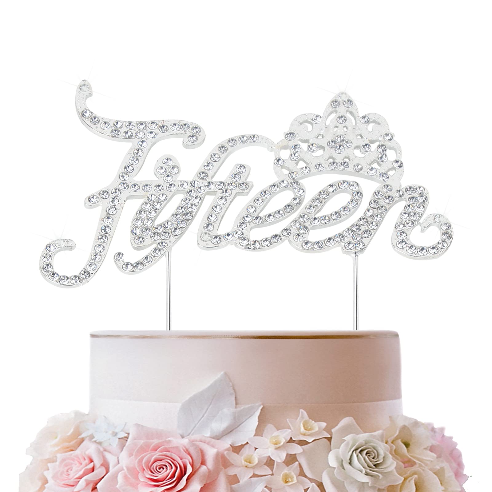LINGTEER 15th Birthday Cake Topper with Crown - Silver Bling Crystal Rhinestone Decor | Happy Fifteenth Birthday Party Supplies | Perfect for Sweet 16, Quinceañera & Milestone Celebrations