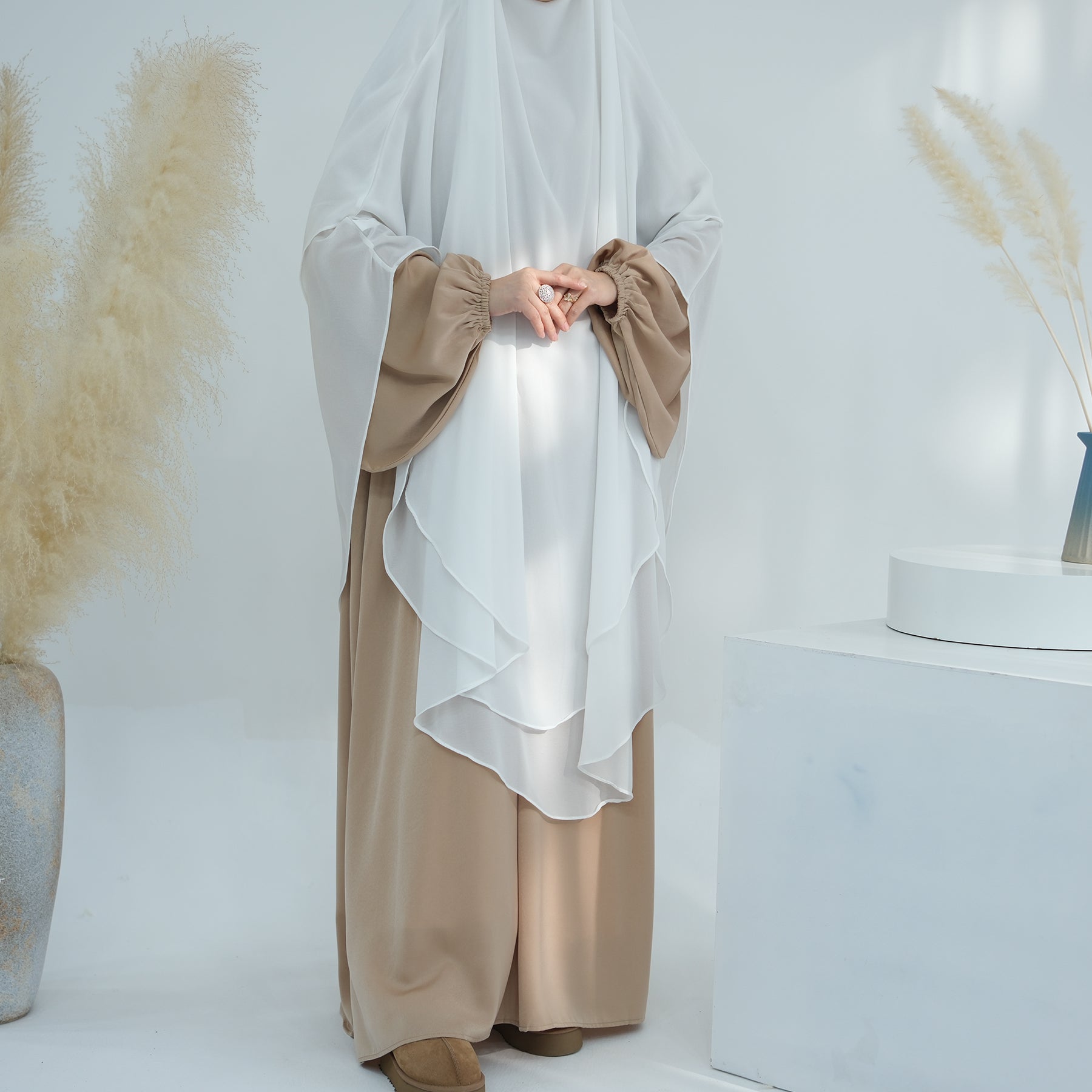 2 Layer Maxi Chiffon Khimar - Elegant White Muslim Prayer Dress for Women | Perfect for Islamic Prayer, Mosque Wear & Special Occasions