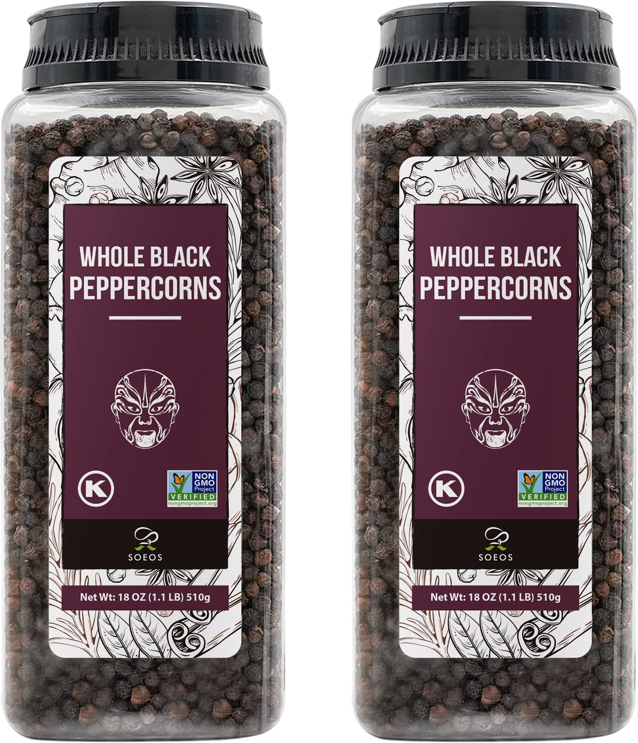 Soeos Premium Whole Black Peppercorns - 36oz (2-Pack) | Non-GMO, Kosher Certified | Freshness-Sealed for Grinder Refill | Ideal for Cooking, Seasoning & Gourmet Dishes