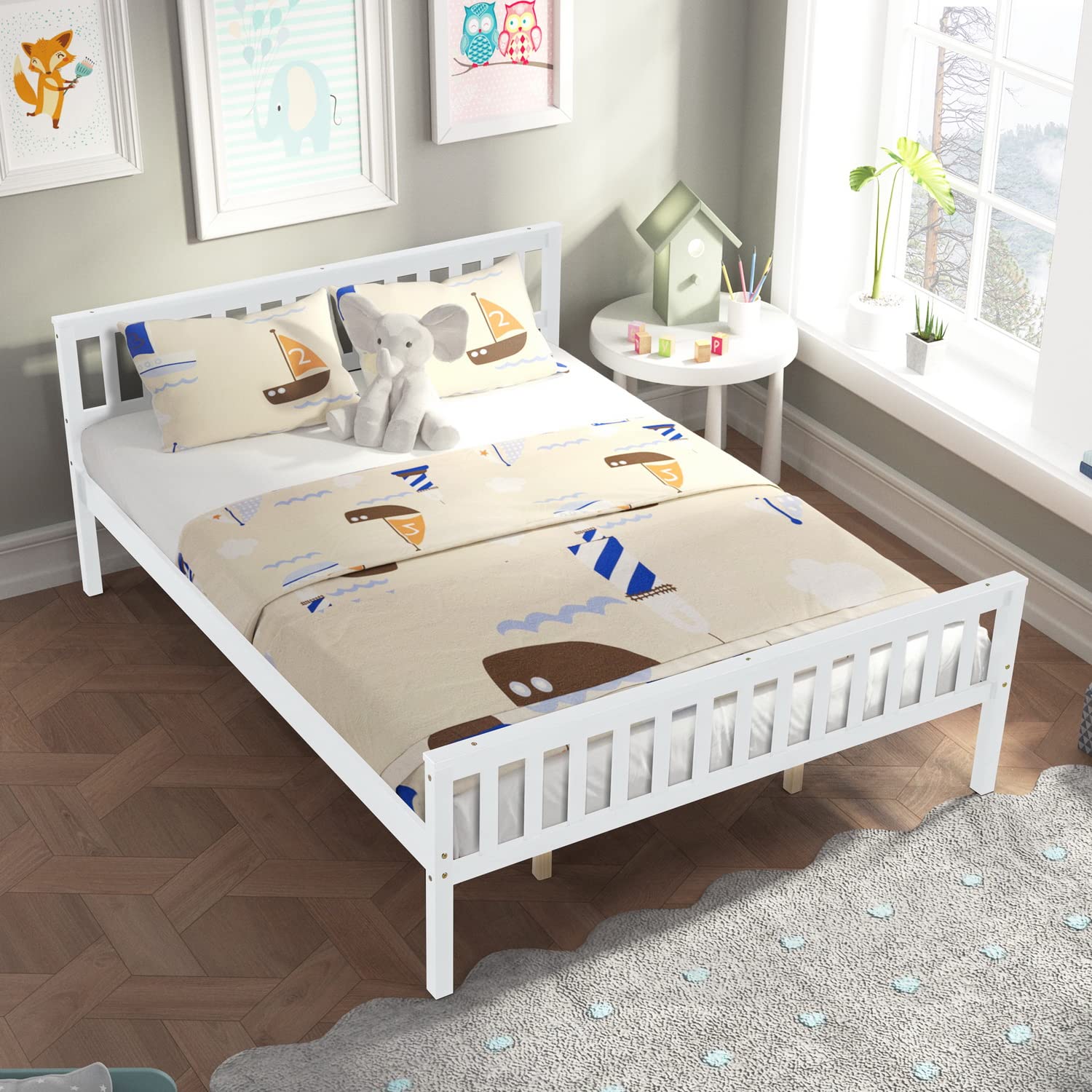 WTRAVEL Queen Size Bed Frame with Headboard & Footboard - Sturdy Wood Slat Support Platform Bed for Kids, Teens & Adults - No Box Spring Needed - Easy Assembly (White, Queen) - Perfect for Guest Rooms, Dormitories & Modern Bedrooms