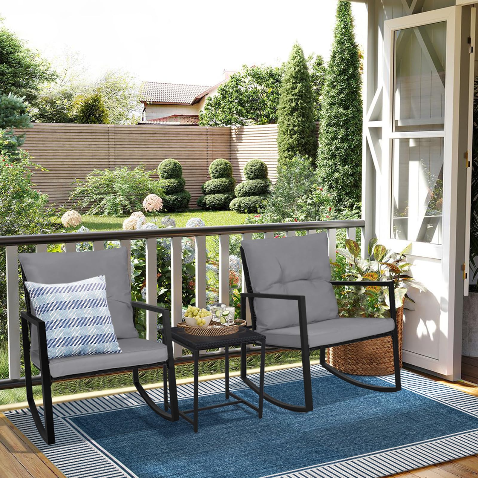 SUNCROWN 3-Piece Outdoor Rocking Bistro Set - Black Wicker Patio Furniture with Glass Coffee Table, Dark Grey - Perfect for Porch, Garden, and Backyard Relaxation