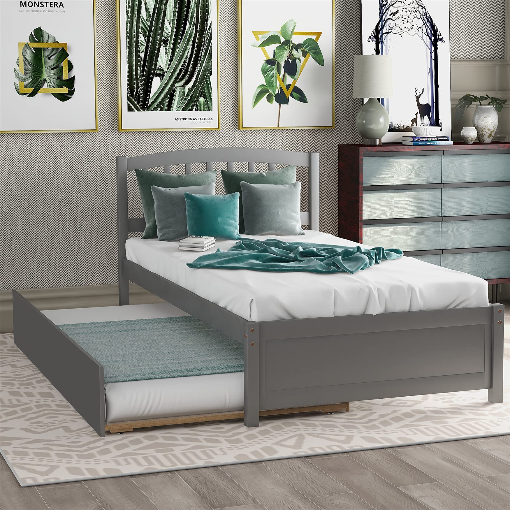 Solid Wood Twin Platform Bed Frame with Headboard & Trundle - Grey | Space-Saving Roll-Out Design for Guest Rooms, Kids' Rooms & Small Apartments