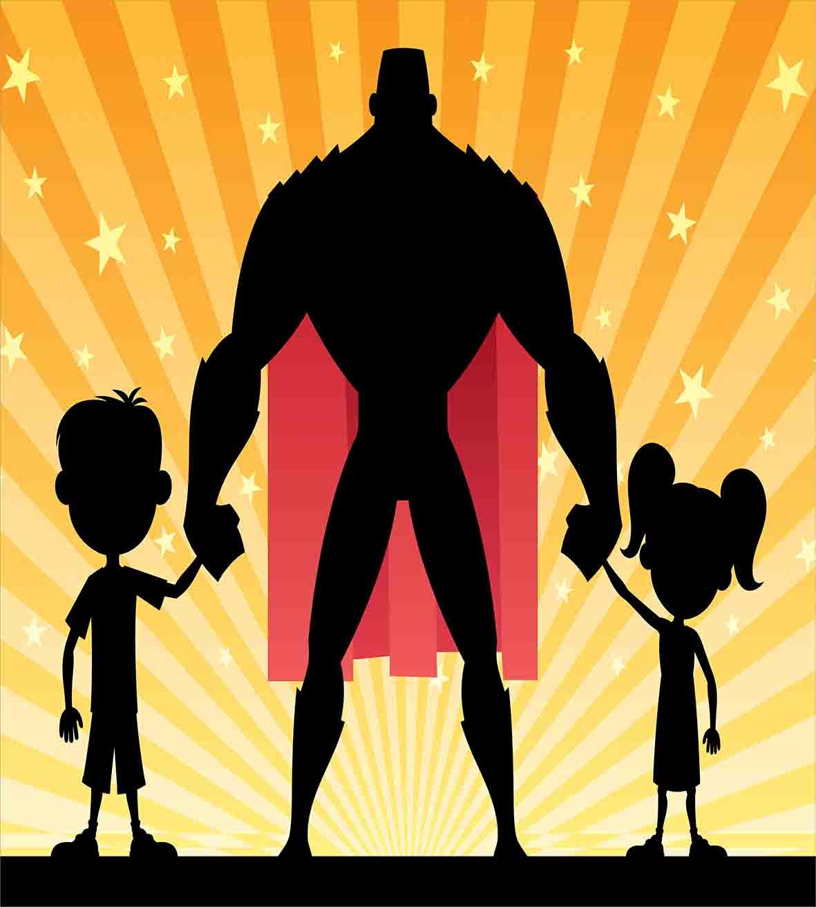 Superhero Duvet Cover Set - Father Son & Daughter Silhouette with Cape on Stars, 3-Piece King Size Bedding Set with 2 Pillow Shams, Dark Coral Marigold - Perfect for Kids' Rooms, Superhero Themed Bedrooms & Gift Ideas