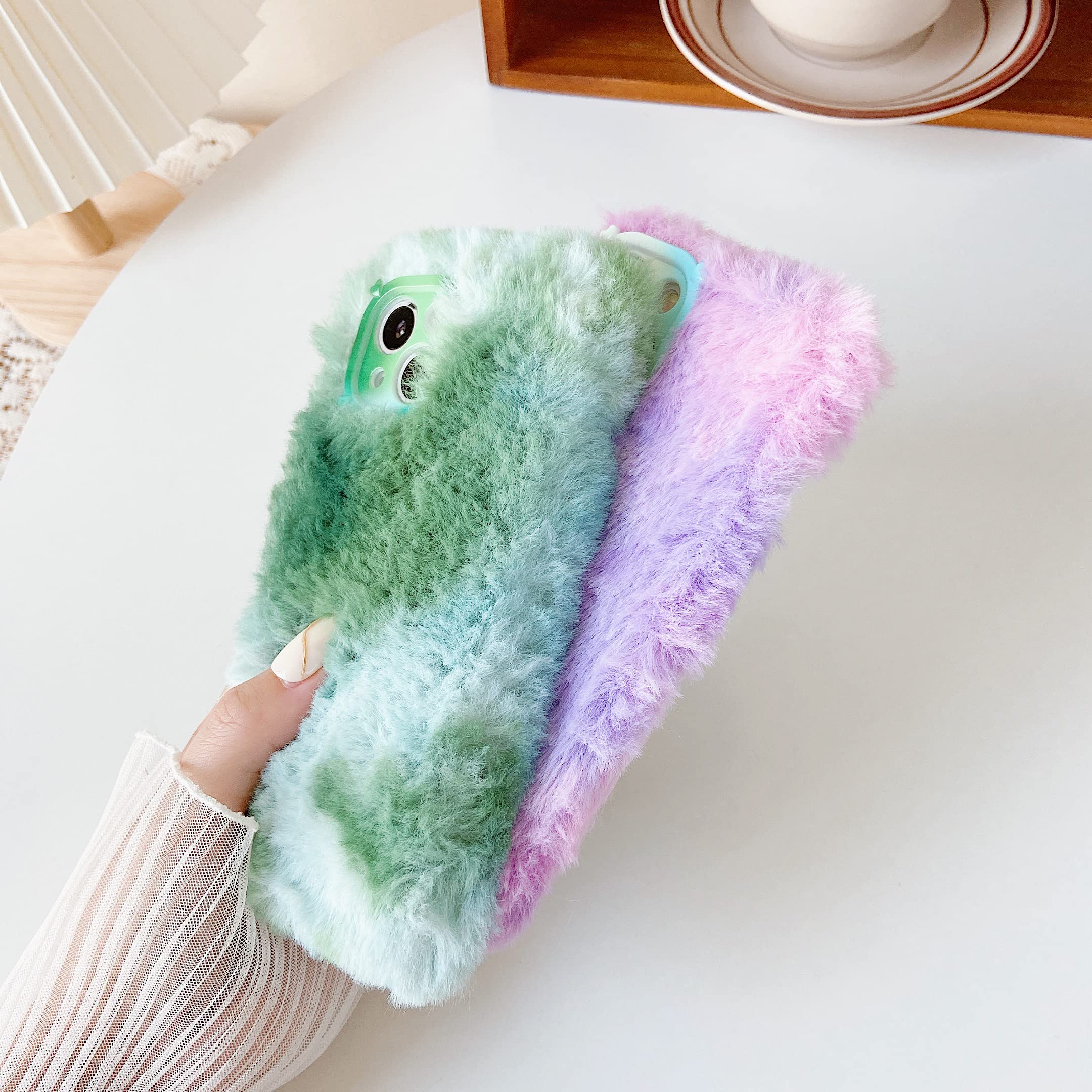 Gradient Color Plush Furry Soft iPhone XR Case - Winter Warm Cozy Phone Cover with Fluffy Texture (Blue) | Perfect for Cold Weather & Stylish Protection
