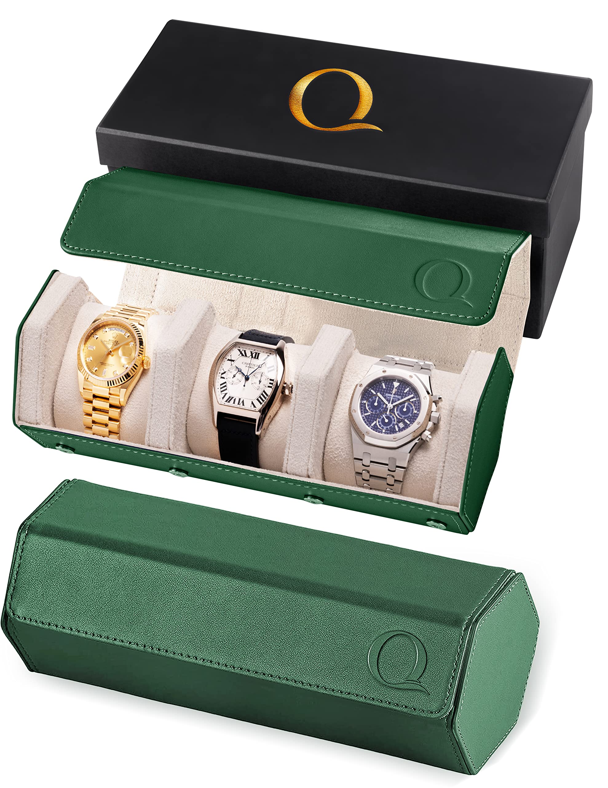 Premium Napa Leather Watch Roll for Men - Hexagon Triple Watch Travel Case Holds 3 Watches - Genuine Leather Storage Organizer with Velvet Lined Interior (Green/Cream) - Perfect for Travel, Business Trips & Watch Collection Display