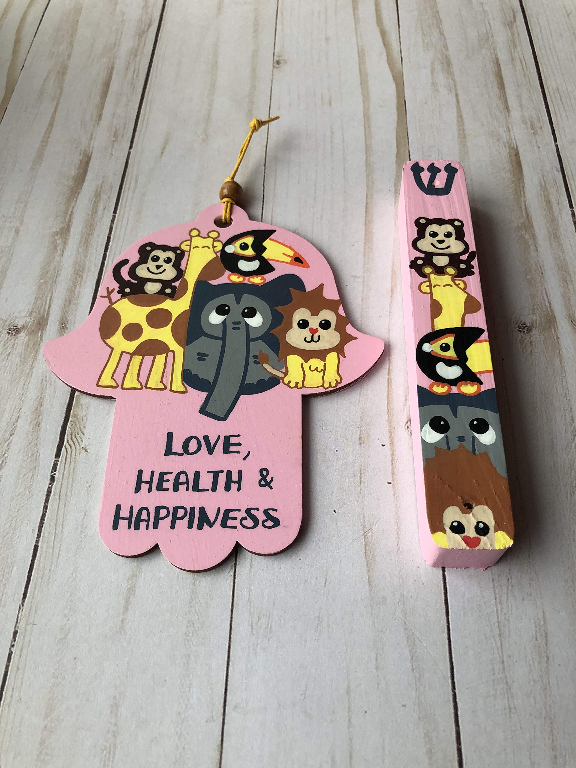 Jewish Baby Gift Set - Hamsa & Mezuzah with Kosher Scroll, Zoo Animal Design for Girls - Perfect for Naming Ceremonies, Brit Milah & Newborn Blessings