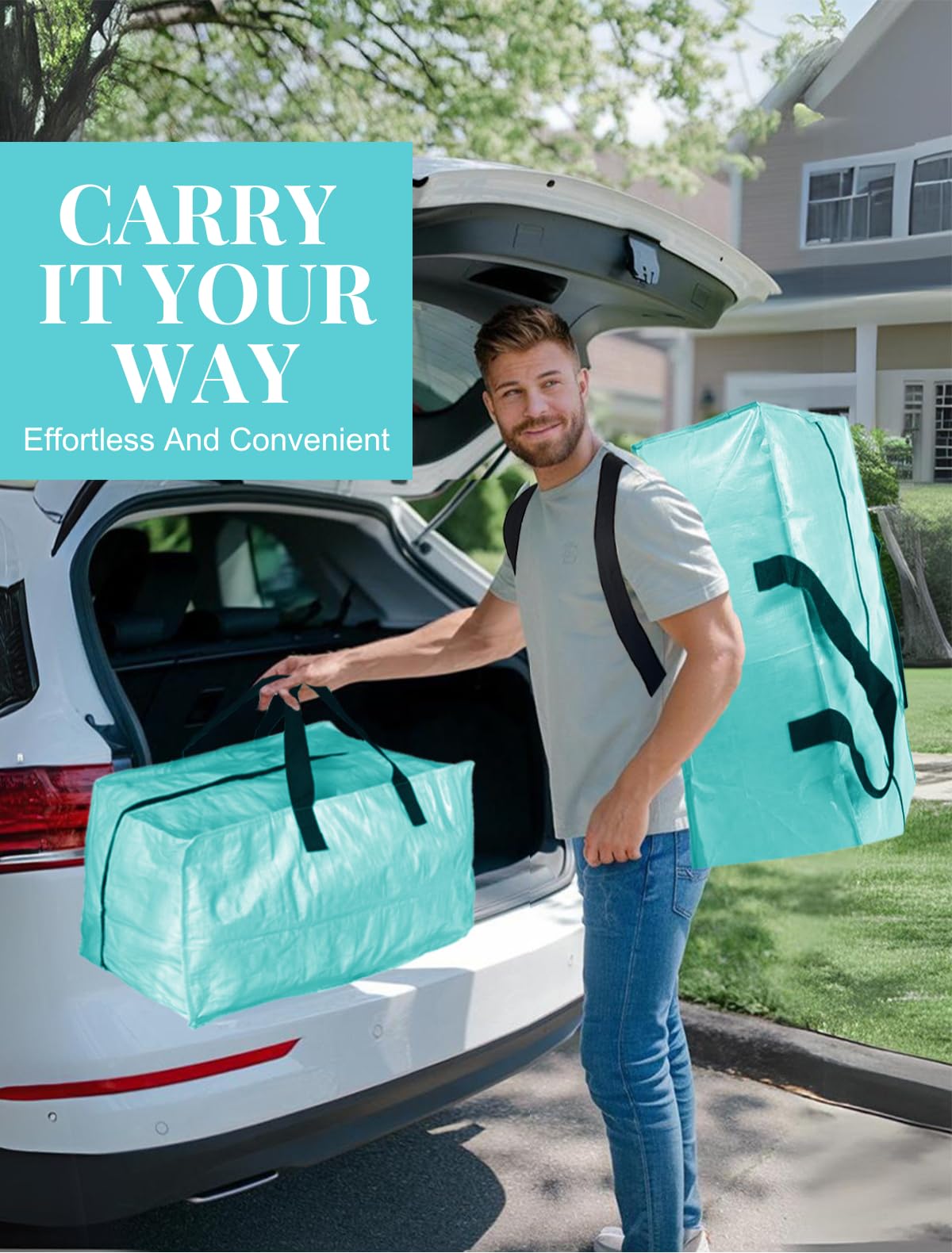 Extra Large Heavy Duty Moving Bags with Zipper & Backpack Straps - 2 Pack Durable Storage Totes for Clothes, College Moving Supplies & Packing - Perfect for Dorm, Travel & Home Organization (Ice Blue)