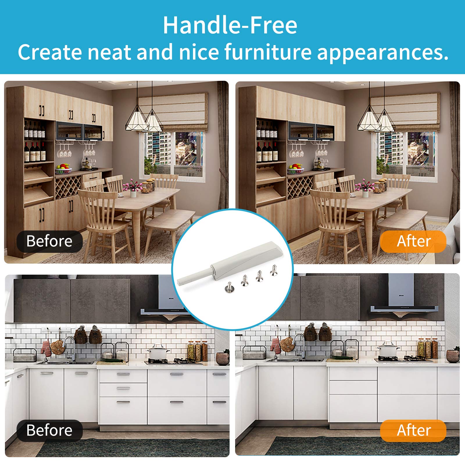 Magnetic Cabinet Door Latches 4 Pack - Soft Close Push to Open Latches, Light Gray Quiet Closers for Kitchen & Cabinet Doors - Perfect for Home, Office, and RV Storage Organization