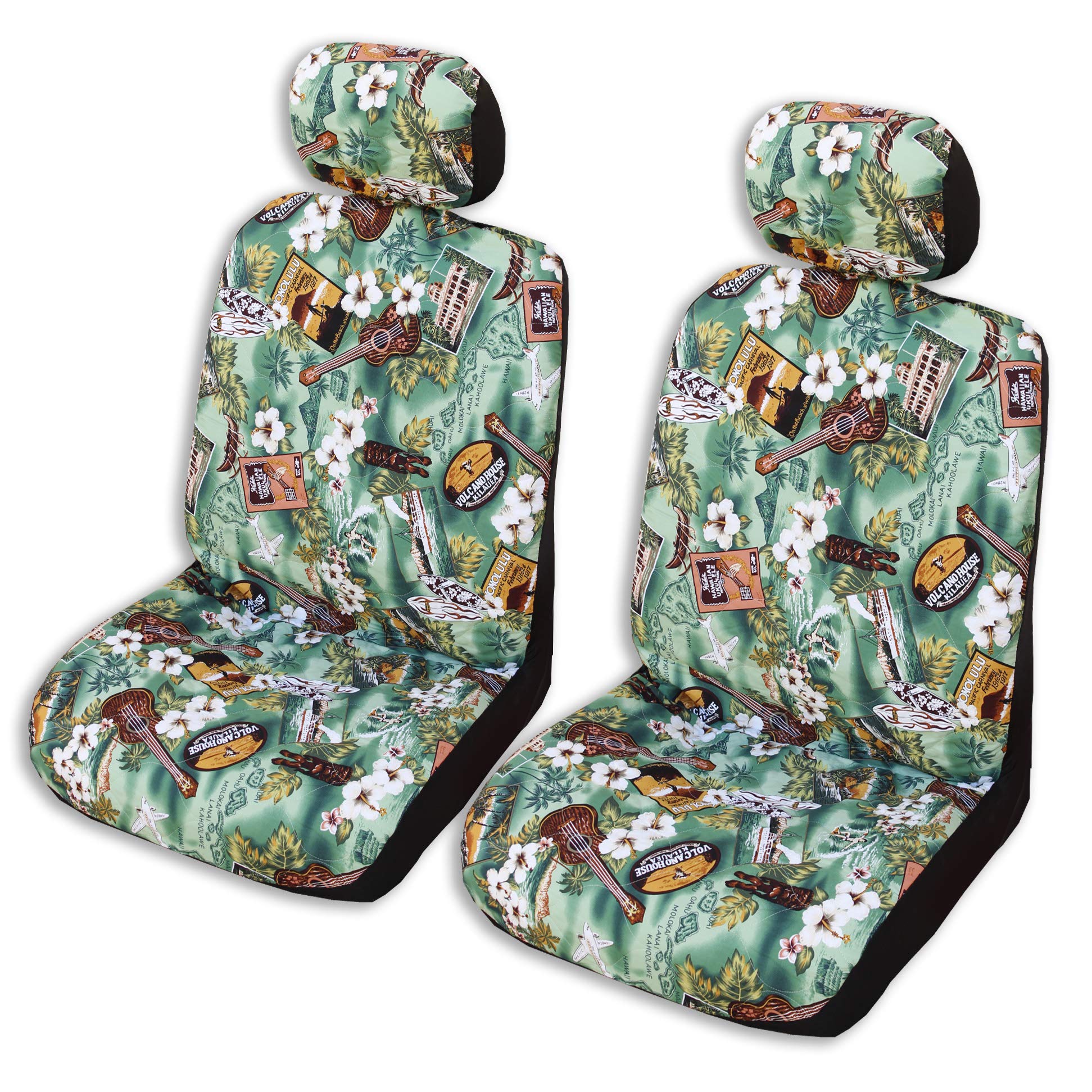Hawaiian Car Seat Covers with Headrest Covers - 2-Piece Set in Kona Music Green, Double Armrest Design | Perfect for Beach Trips, Summer Drives & Tropical-Themed Car Interiors