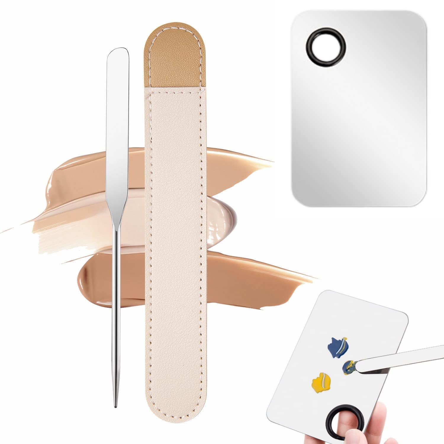 Professional Stainless Steel Makeup Spatula & Palette Set - Korean Beauty Tool for Foundation, Cream Blush & Concealer - Includes Leather Case & Mixing Palette - Perfect for Makeup Artists & DIY Beauty Enthusiasts