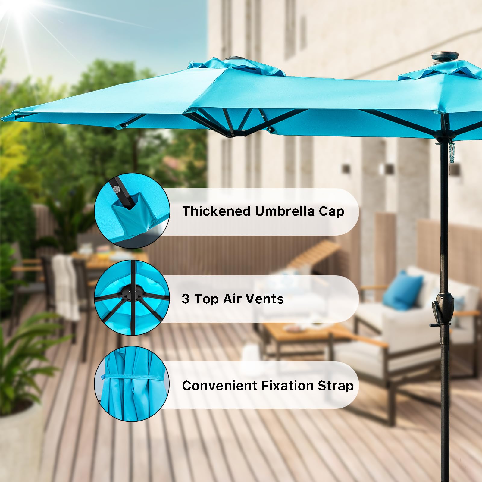 FREE SOLDIER 13ft Solar LED Patio Umbrella with 36 Lights - Double Sided Outdoor Sun Shade for Garden, Yard, Poolside - Perfect for Dining, Lounging & Outdoor Entertaining (Turquoise)