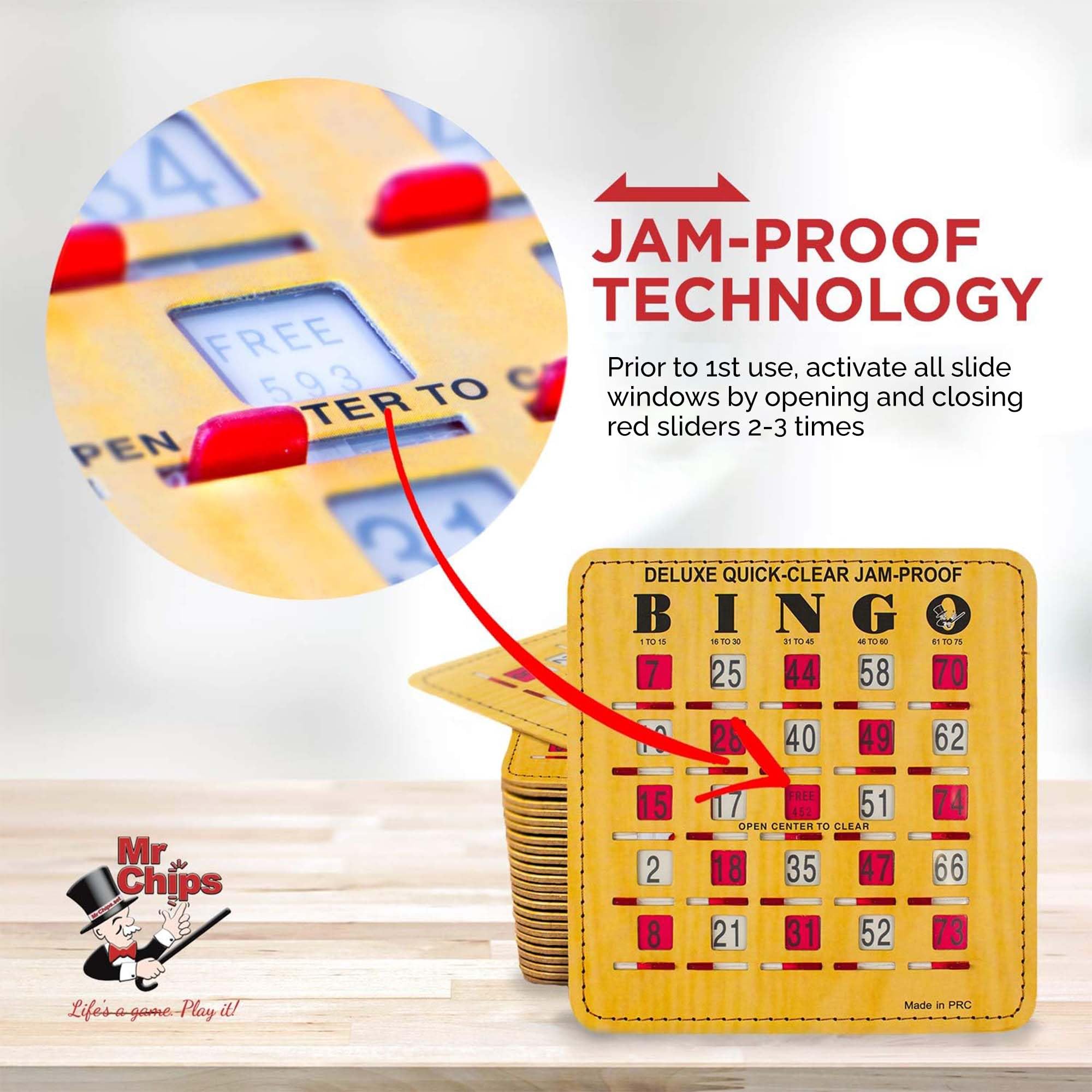 MR CHIPS Jam-Proof Quick-Clear Deluxe Fingertip Slide Bingo Cards with Sliding Windows - 100 Pack Woodgrain Style - Perfect for Bingo Nights, Family Game Nights, and Senior Activities