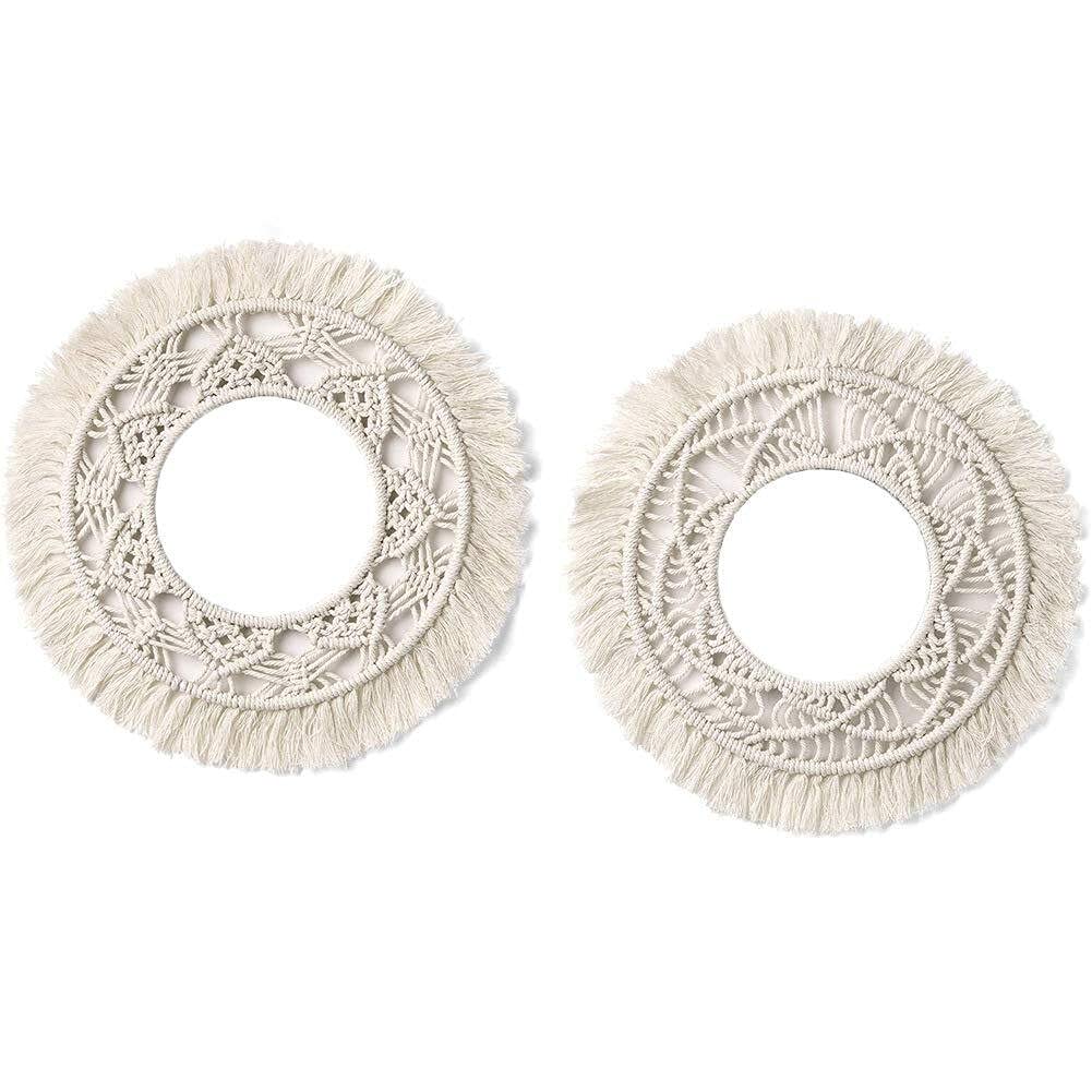 KXAKAX KXA Hand-Woven Wall-Mounted Round Mirror with Lace Fringe - Set of 2 Small Decorative Mirrors for Bedroom, Bathroom & Boho Home Decor