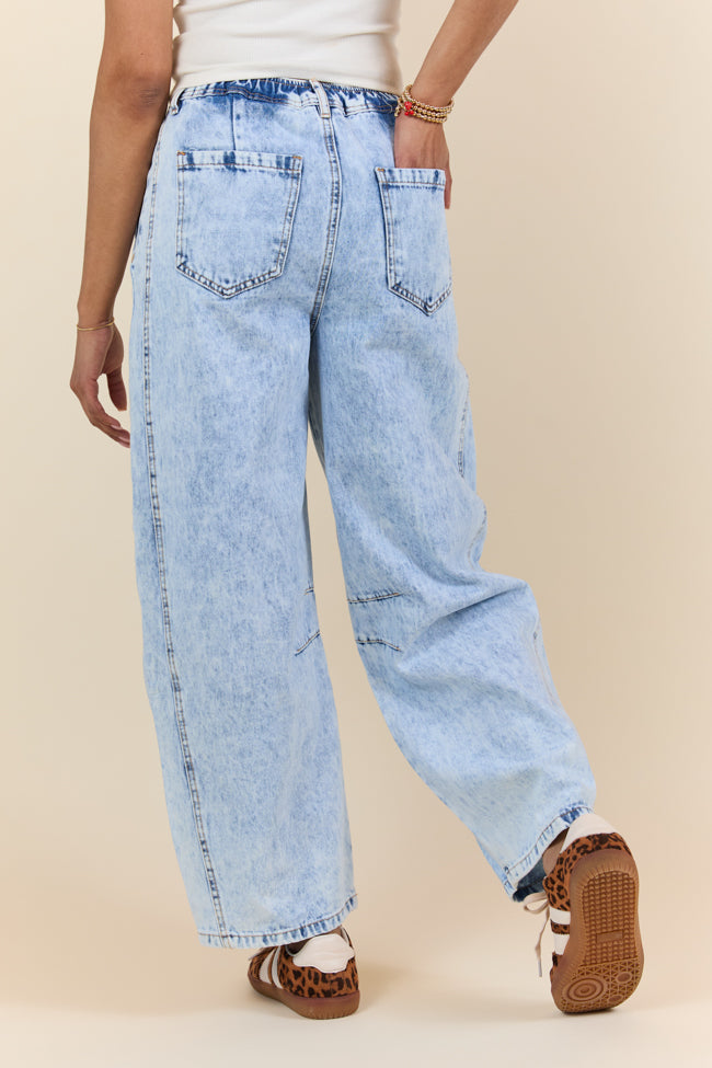 Bella Light Wash Pull On Barrel Jeans for Women - Comfortable Stretch Denim Pants with Elastic Waist, Casual & Chic Style for Everyday Wear, Work, or Weekend Outings