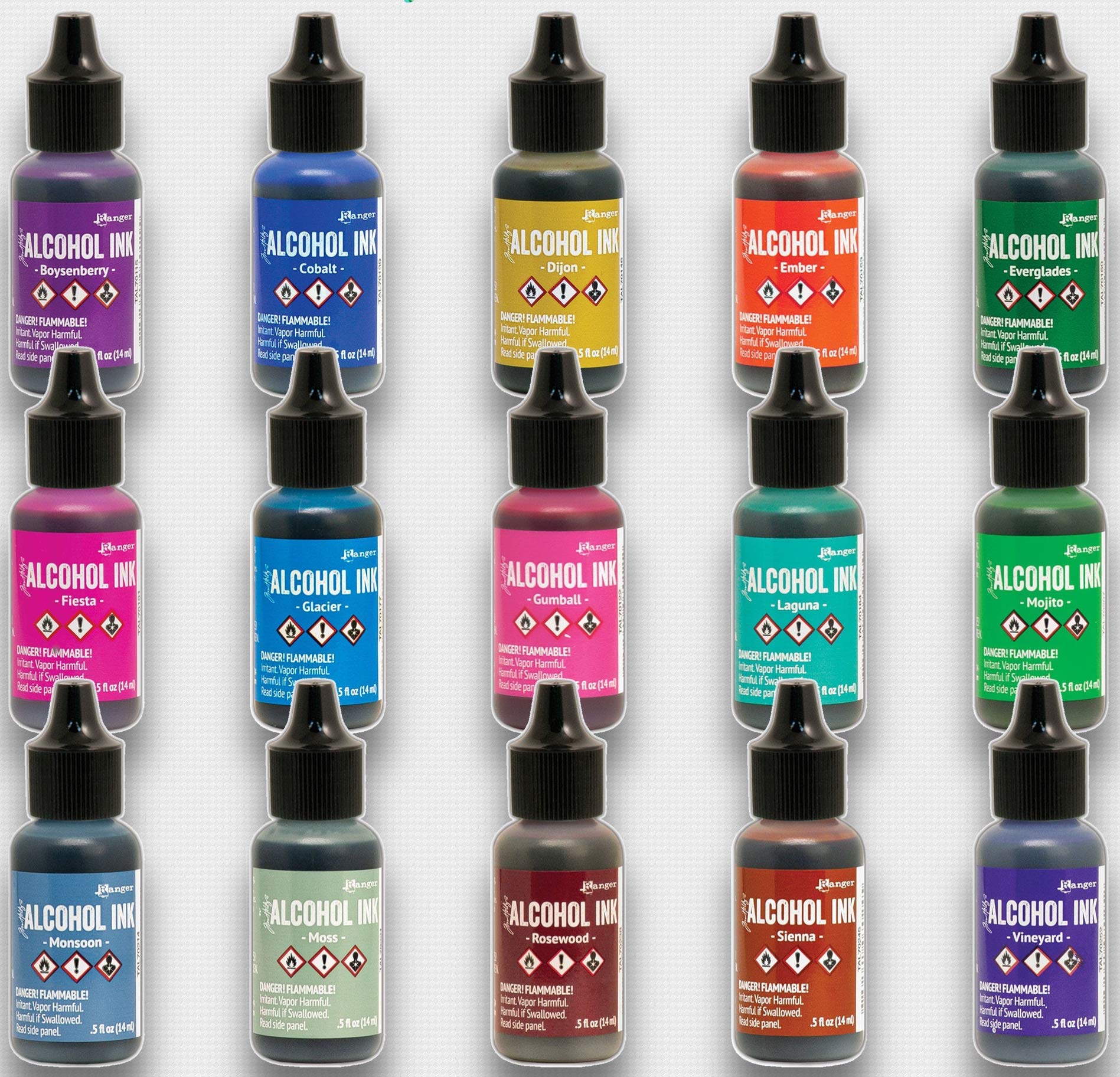 Ranger Alcohol Inks 2024 New Colors Set - Boysenberry, Cobalt, Dijon & More (15 Vibrant Shades) with Free Detail Sticks | Perfect for DIY Crafts, Mixed Media Art & Alcohol Ink Painting Techniques