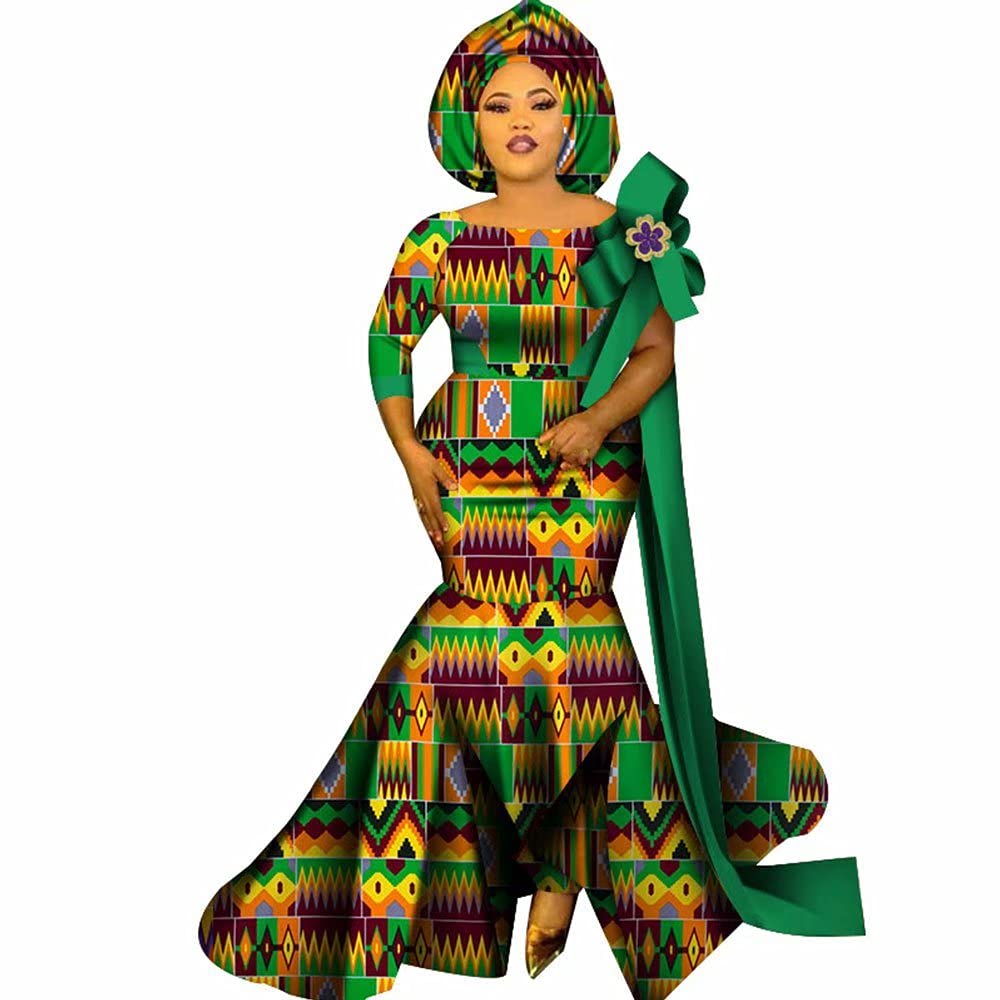 Stylish African Print Wedding Dresses for Women Plus Size - Floral O-Neck Short Sleeve Maxi Dress with Matching Headscarf | Perfect for Bridal Ceremonies, Cultural Events & Special Occasions