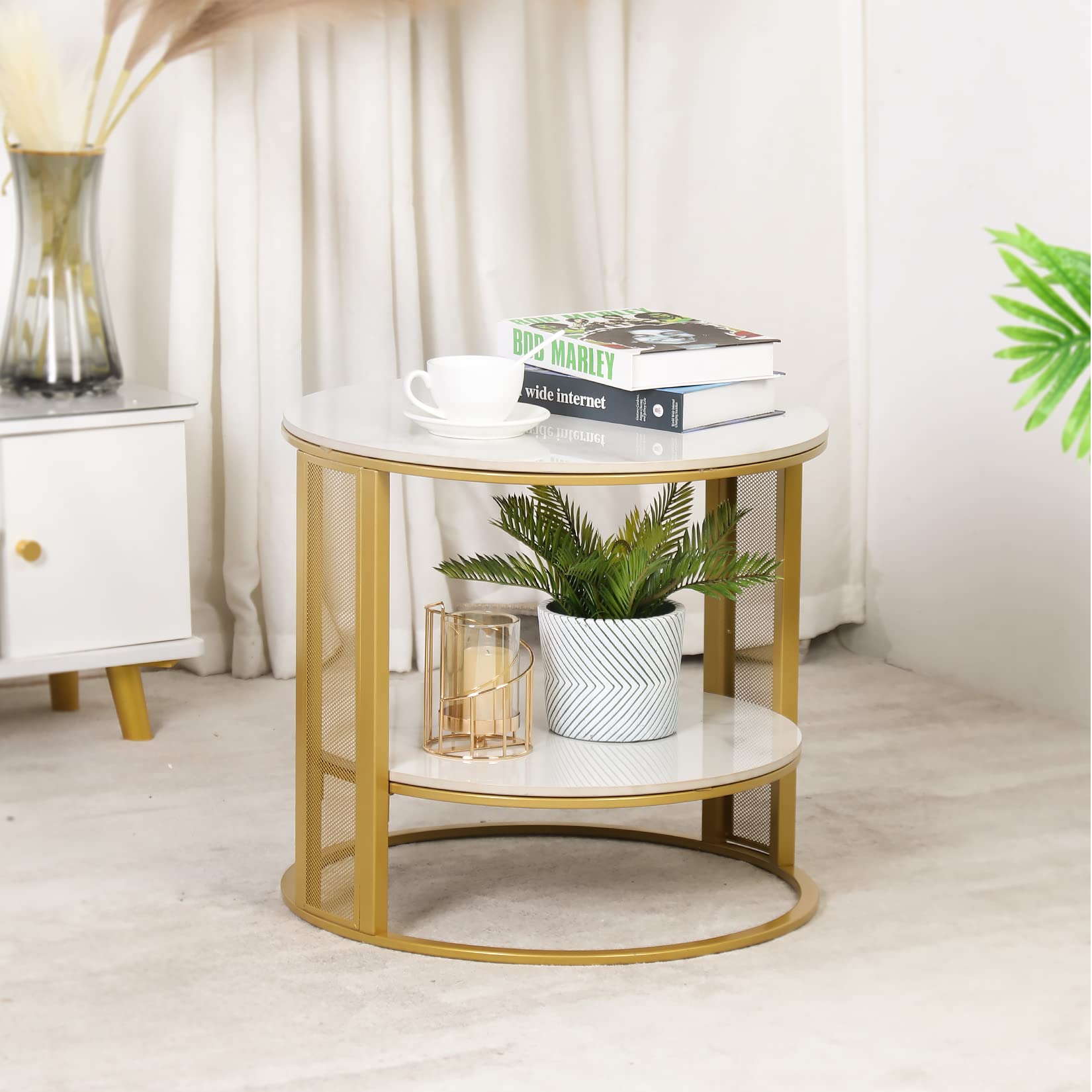 Wisfor Modern Round Coffee Table with 2-Tier Marble Top & Gold Metal Frame - Accent Side Table for Living Room, Bedroom, or Office - Perfect for Small Spaces & Home Decor