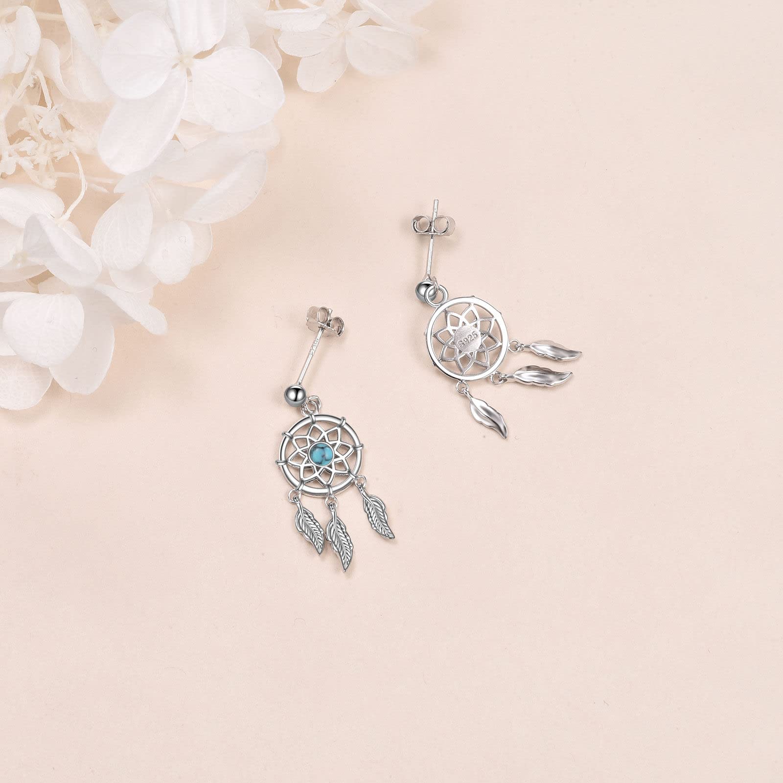 VONALA Sterling Silver Turquoise Feather Drop Dangle Earrings - Boho Dreamcatcher Jewelry for Women & Girls | Perfect Gift for Teens, Birthday & Special Occasions | Great for Parties, Weddings & Boho Fashion