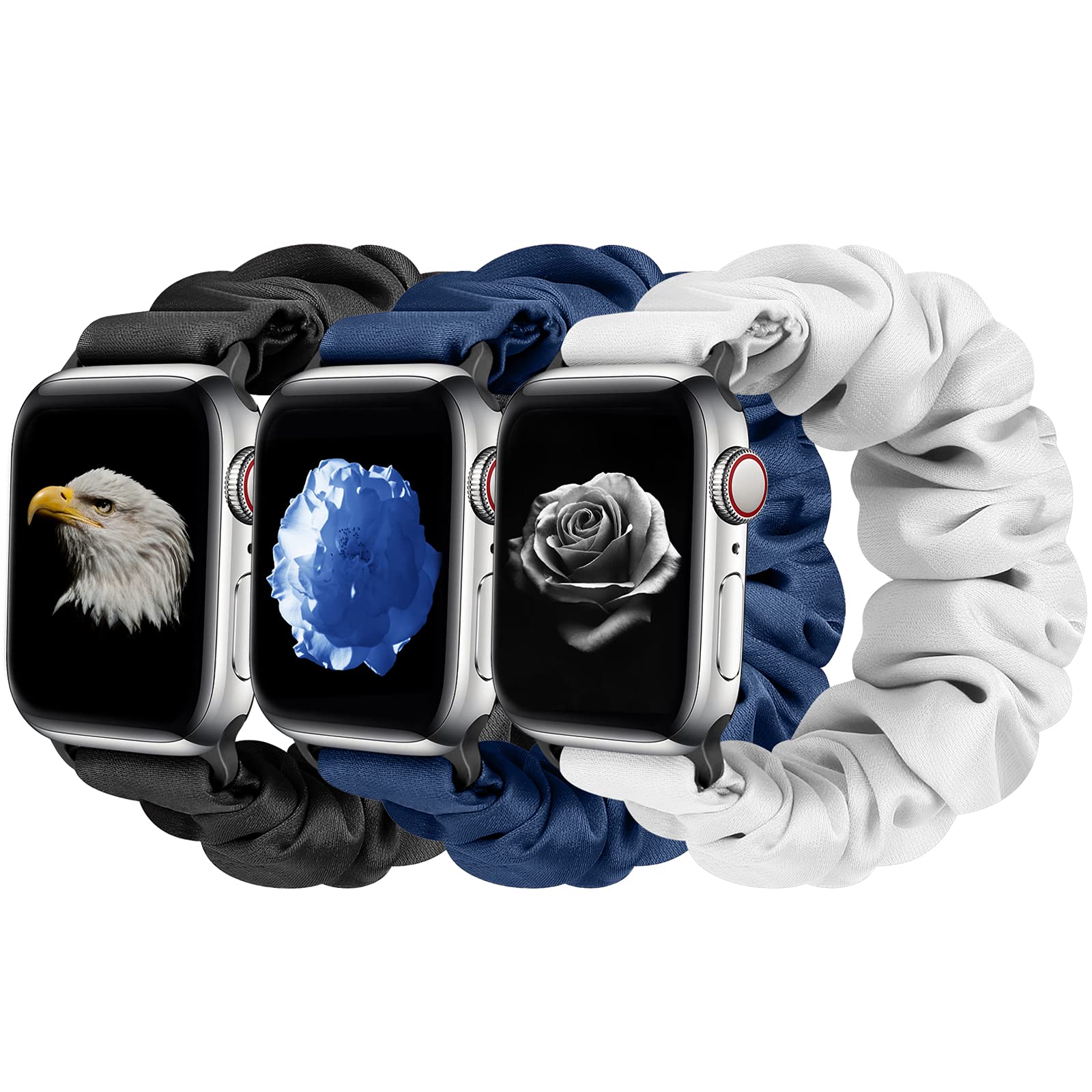 3 Pack Apple Watch Bands for Women - Soft Fabric Scrunchies Wristbands Compatible with iWatch Ultra 2/Series 10/9/8/7/6/5/4/3/2/1/SE (38mm-49mm) - Stylish Printed Cloth Straps for Workouts, Yoga & Everyday Wear