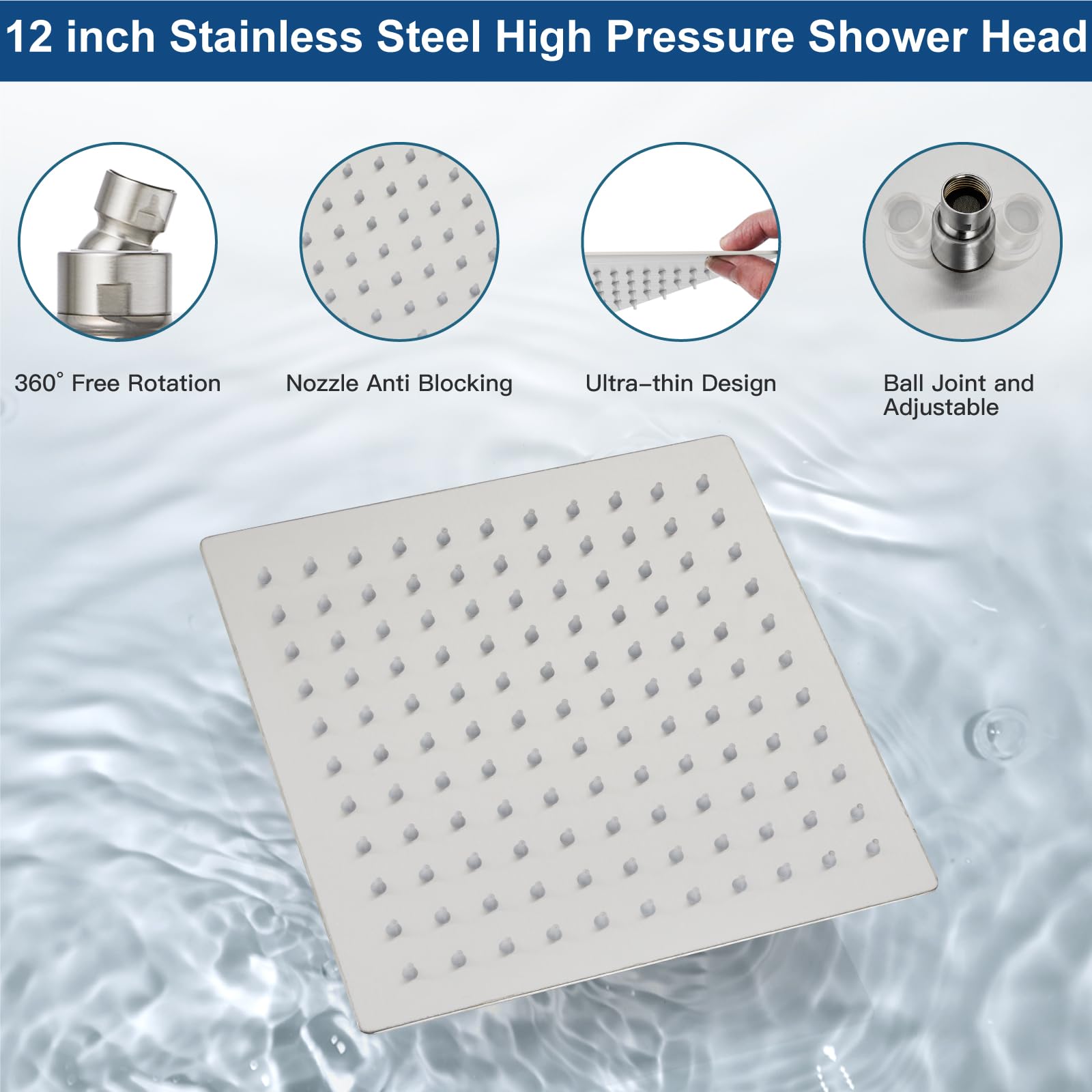 Midanya 12 Inch Square Rainfall Shower System - Brushed Nickel Wall Mount Shower Faucet Set with Handheld Sprayer, Rough-in Valve & Trim Kit - Luxury Bathroom Mixer Shower Combo for Spa-like Experience