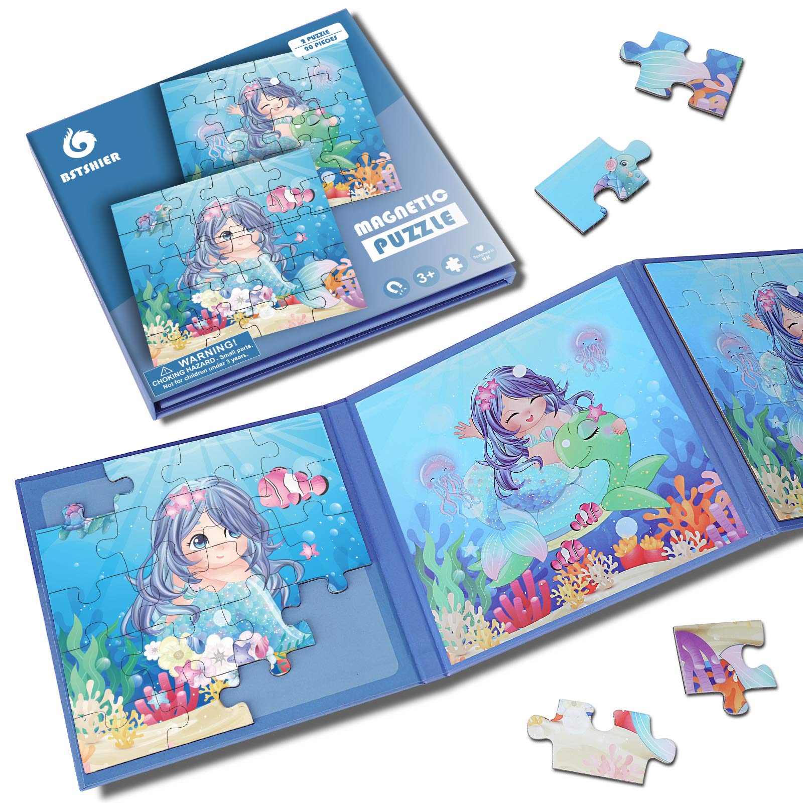 Wooden Magnetic Mermaid Jigsaw Puzzles for Kids Ages 3-6 - 20 Piece Toddler Travel Toys & Learning Games for Boys and Girls - Perfect for Road Trips, Airplane Activities & Preschool Education