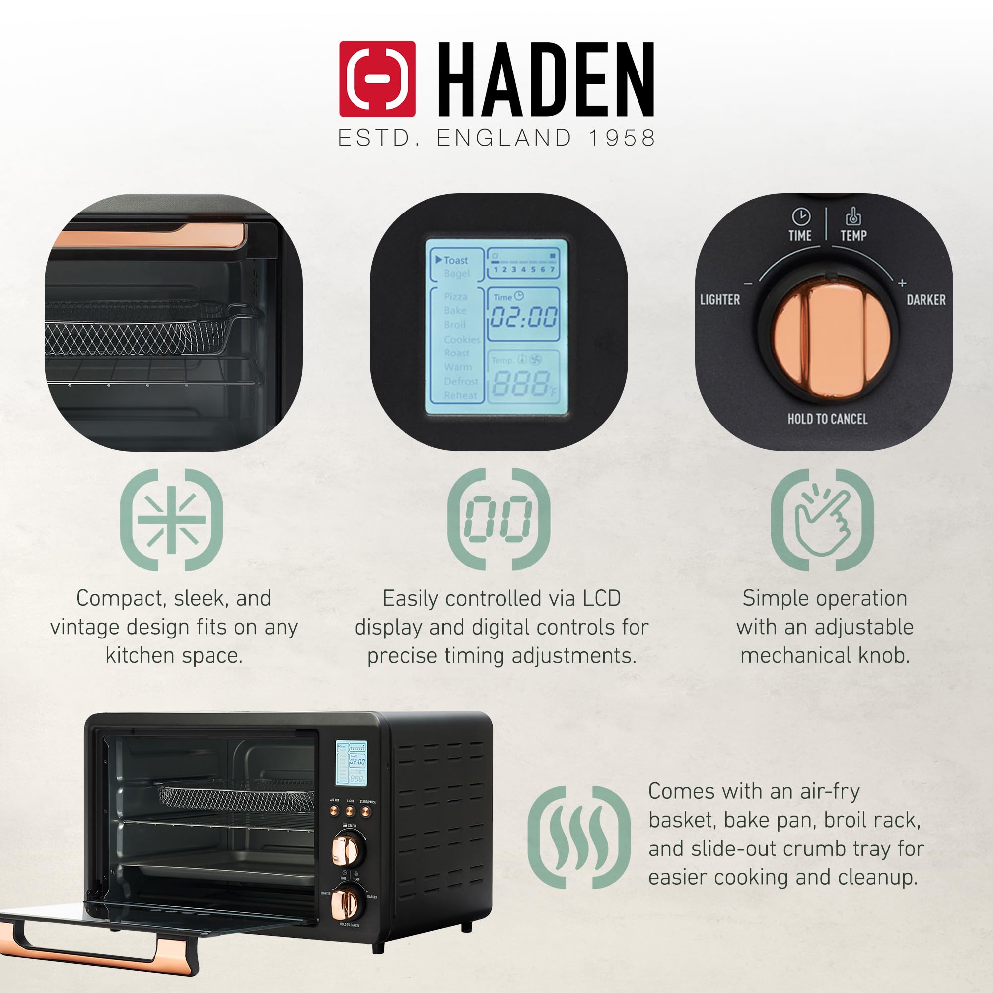 Haden 6-Slice Toaster Oven with Air Fryer Combo - Black/Copper Countertop Appliance for Kitchen | Perfect for Baking, Toasting & Air Frying at Home