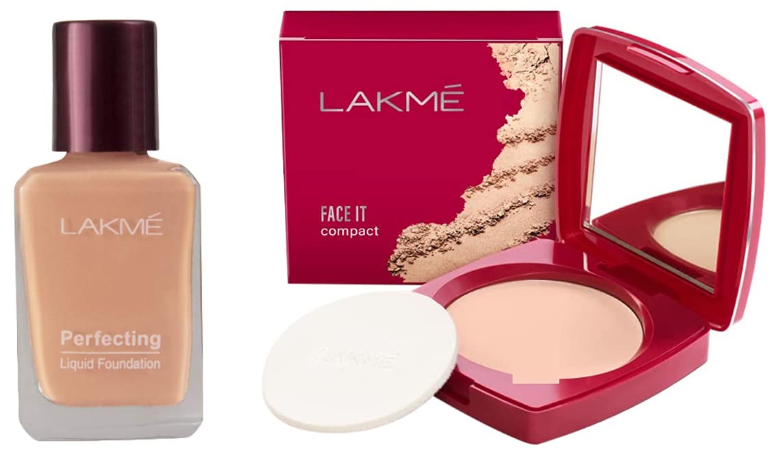 Lakmé Perfecting Liquid Foundation - Marble Shade, Waterproof Full Coverage Long Lasting Makeup with Vitamin E | Lightweight Oil-Free Formula for Dewy Glow Finish (27ml) & Face It Compact (9g) - Ideal for Daily Wear, Special Occasions, and Photography