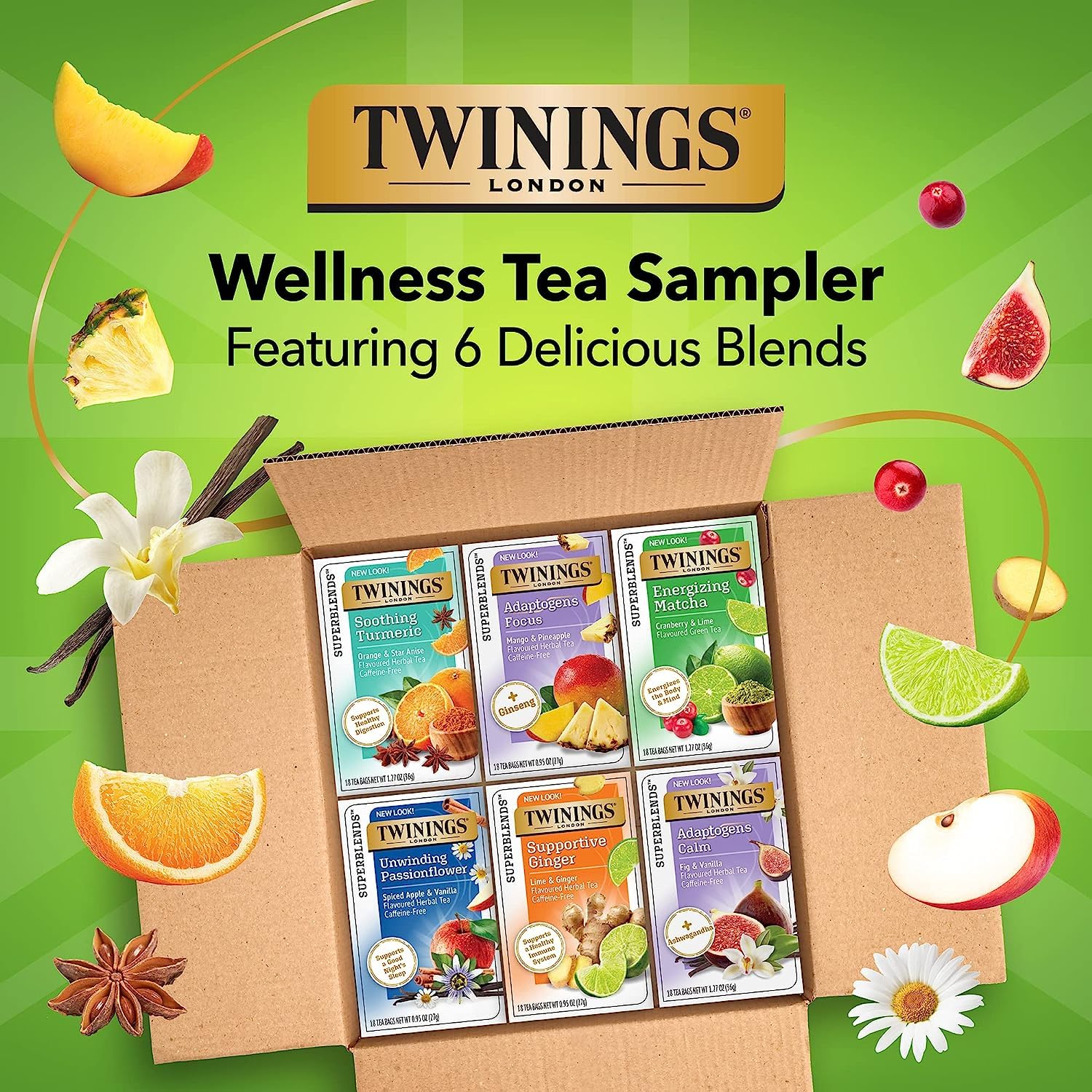 Twinings Daily Wellness Tea Variety Pack - Herbal & Green Tea Sampler (18 Tea Bags, Pack of 6) | Hot or Iced | Immune Support & Relaxation | Perfect for Morning Boost, Afternoon Pick-Me-Up & Evening Wind Down