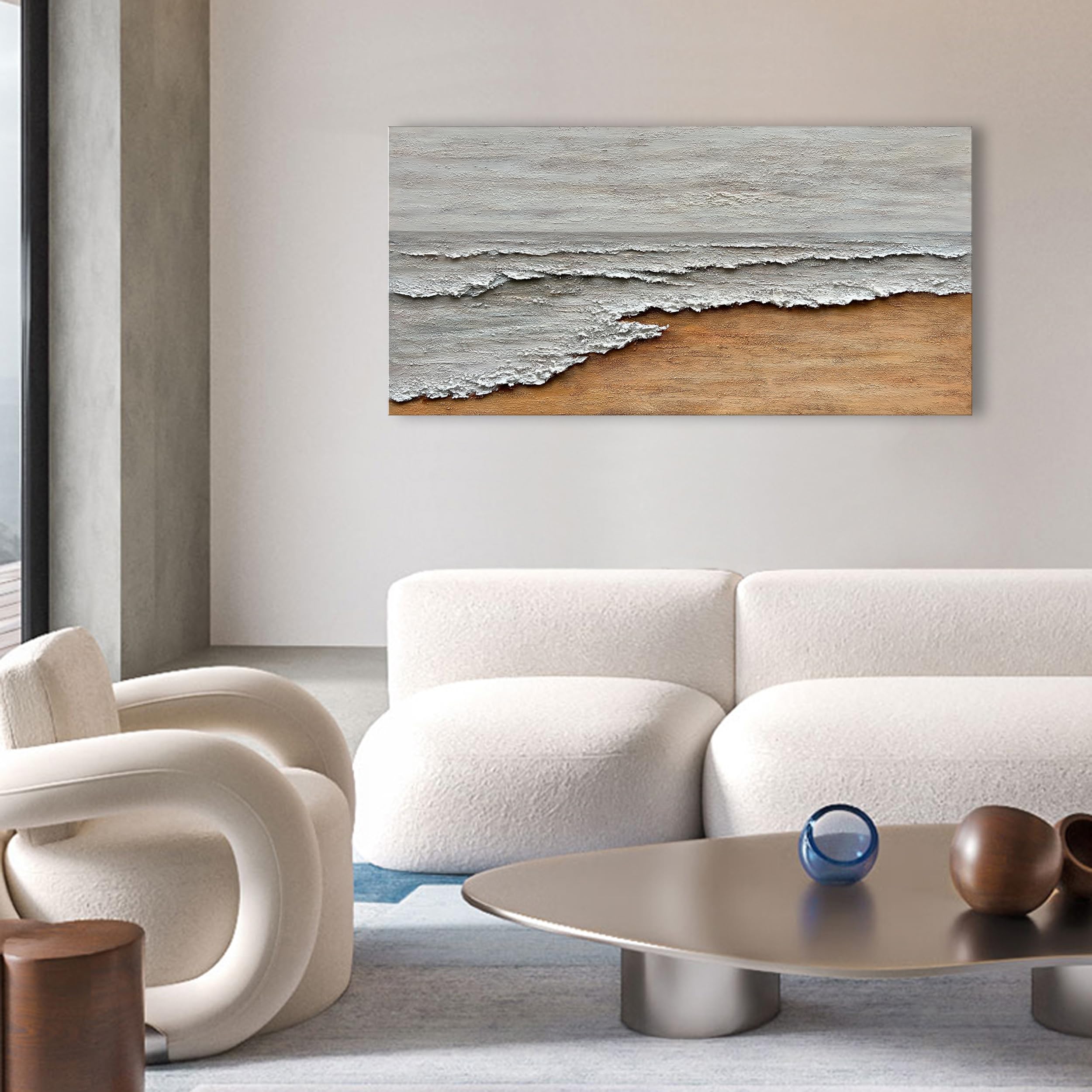 Hand-Painted Yellow and White Ocean Beach Abstract Oil Painting - Modern Canvas Wall Art for Living Room Decor - 24x48 Inches - Perfect for Coastal, Beach House or Contemporary Home Decor