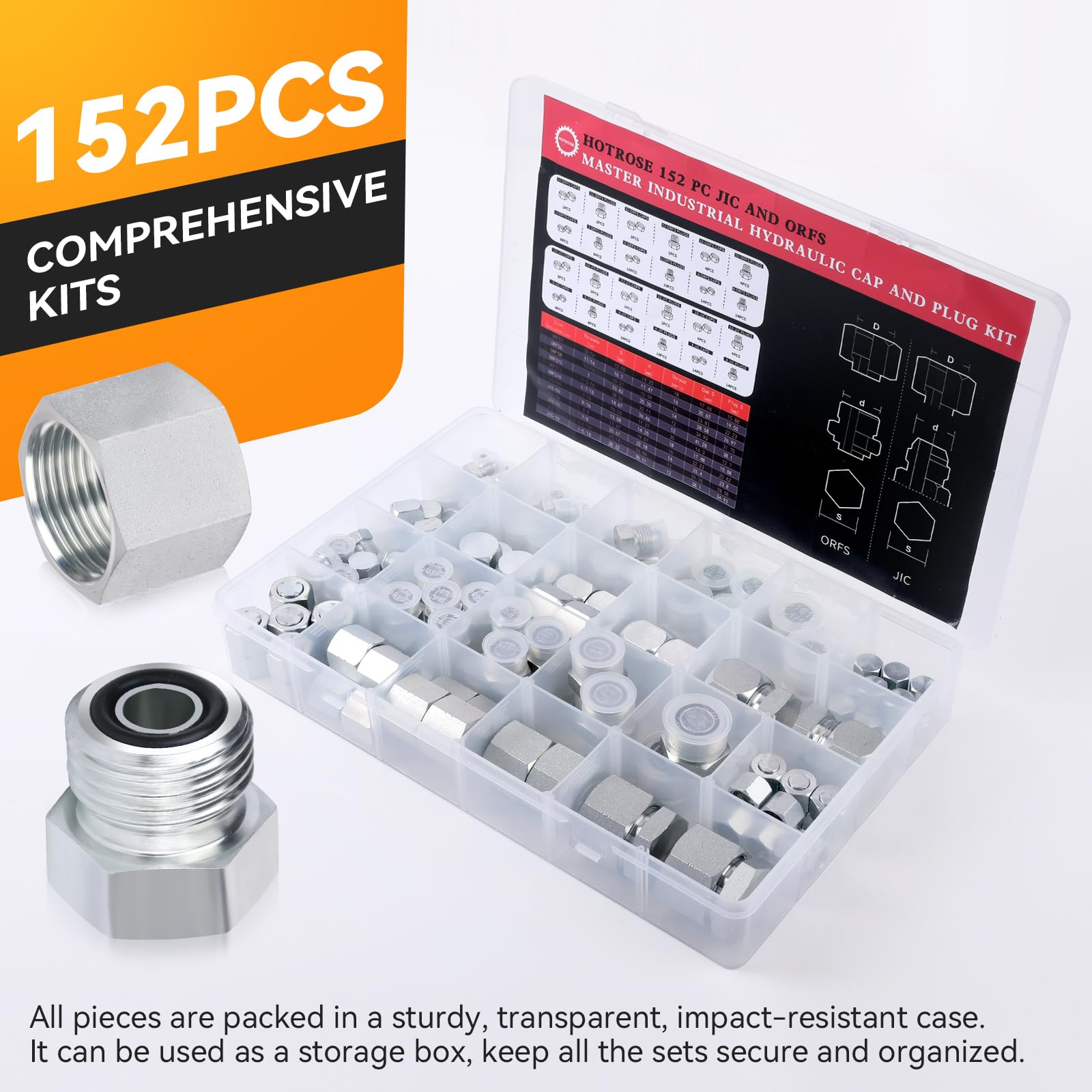 152 PCS JIC & ORFS Hydraulic Cap and Plug Kit - Industrial Hose, Tube & Pipe Fittings Set with Precision Threading (ORFS Flat Face & JIC 37° Dash Sizes 4-16) - Ideal for Hydraulic System Maintenance, Repair & Fluid Line Protection