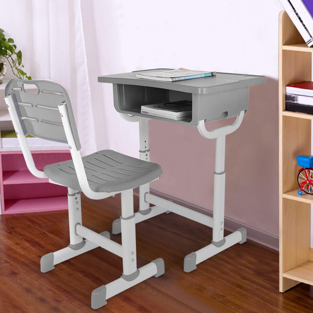 Adjustable Kids Study Desk and Chair Set with Storage Drawer - Multifunctional Children's Learning Table for Homework, Drawing & Painting (Gray) - Perfect for Bedroom, Homeschooling & Small Spaces
