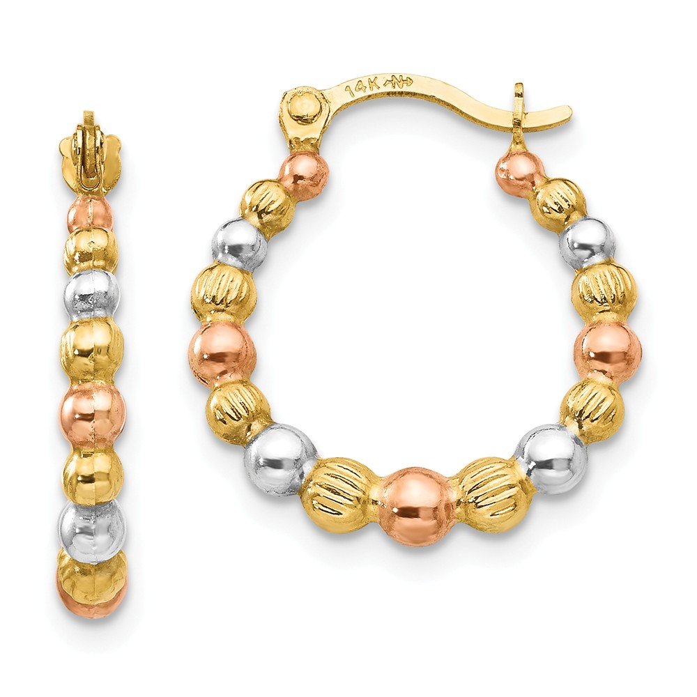 14K Yellow Gold Tri-Color Madi K Beaded Hoop Earrings for Women - Elegant Handmade Jewelry Gift for Birthday, Anniversary & Special Occasions