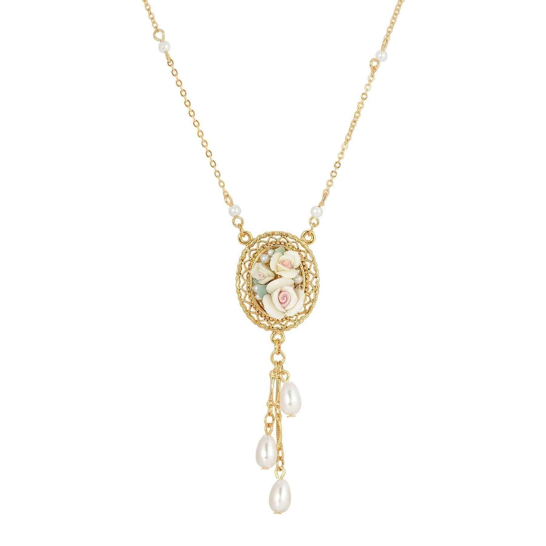 1928 Vintage Ivory Porcelain Rose Filigree Pendant Necklace with Faux Pearl Drop - 16