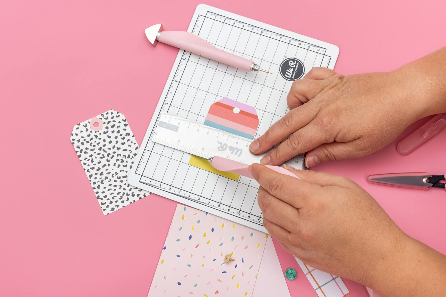 We R Memory Keepers Mini Tool Kit Pink - Includes Cutting Mat, Ruler, Scissors, Craft Knife, Tweezers, Brad Setter & Piercing Tool | Perfect for DIY Crafts, Scrapbooking, Journaling, Card Making & Home Decor Projects