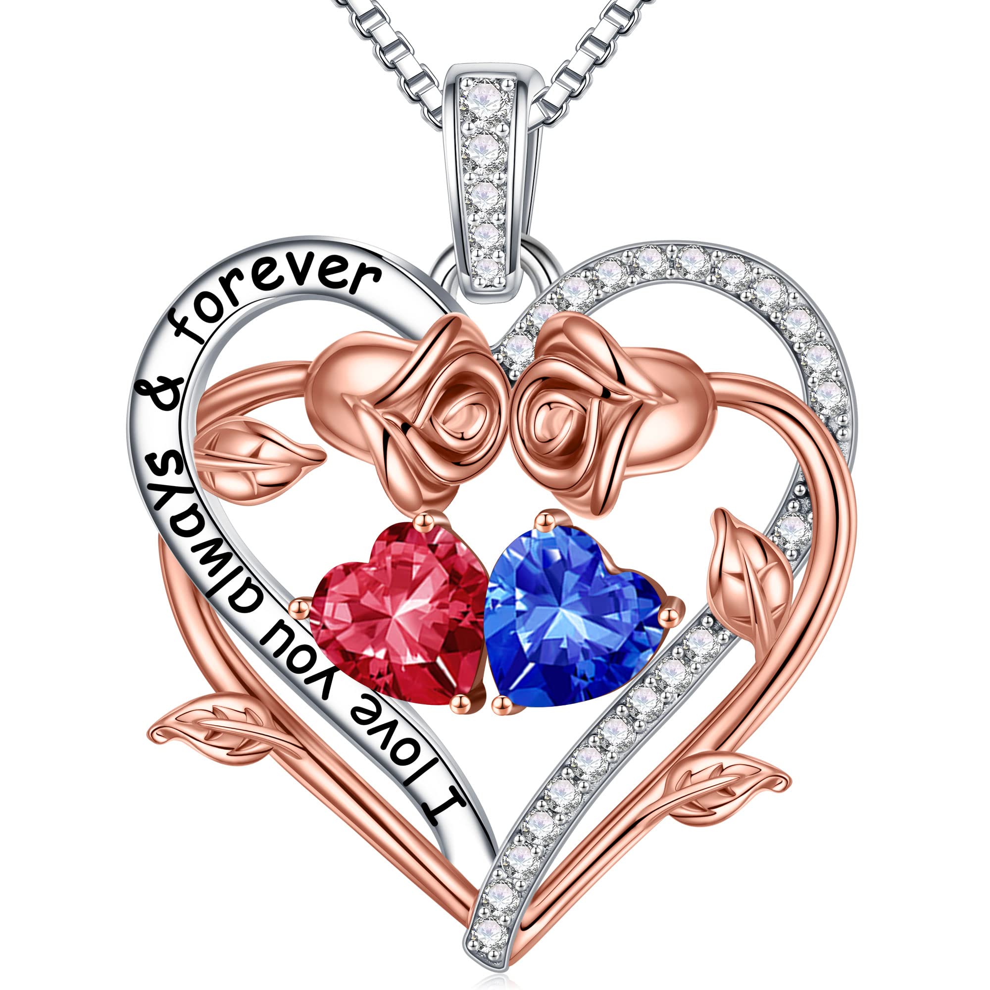 Rose Heart Double Birthstone Necklace for Women - Personalized Jewelry Gift for Wife, Girlfriend, Mom, Grandma | Birthstone Pendant for Birthday, Anniversary, Valentine's Day | Perfect for Romantic Occasions & Special Celebrations