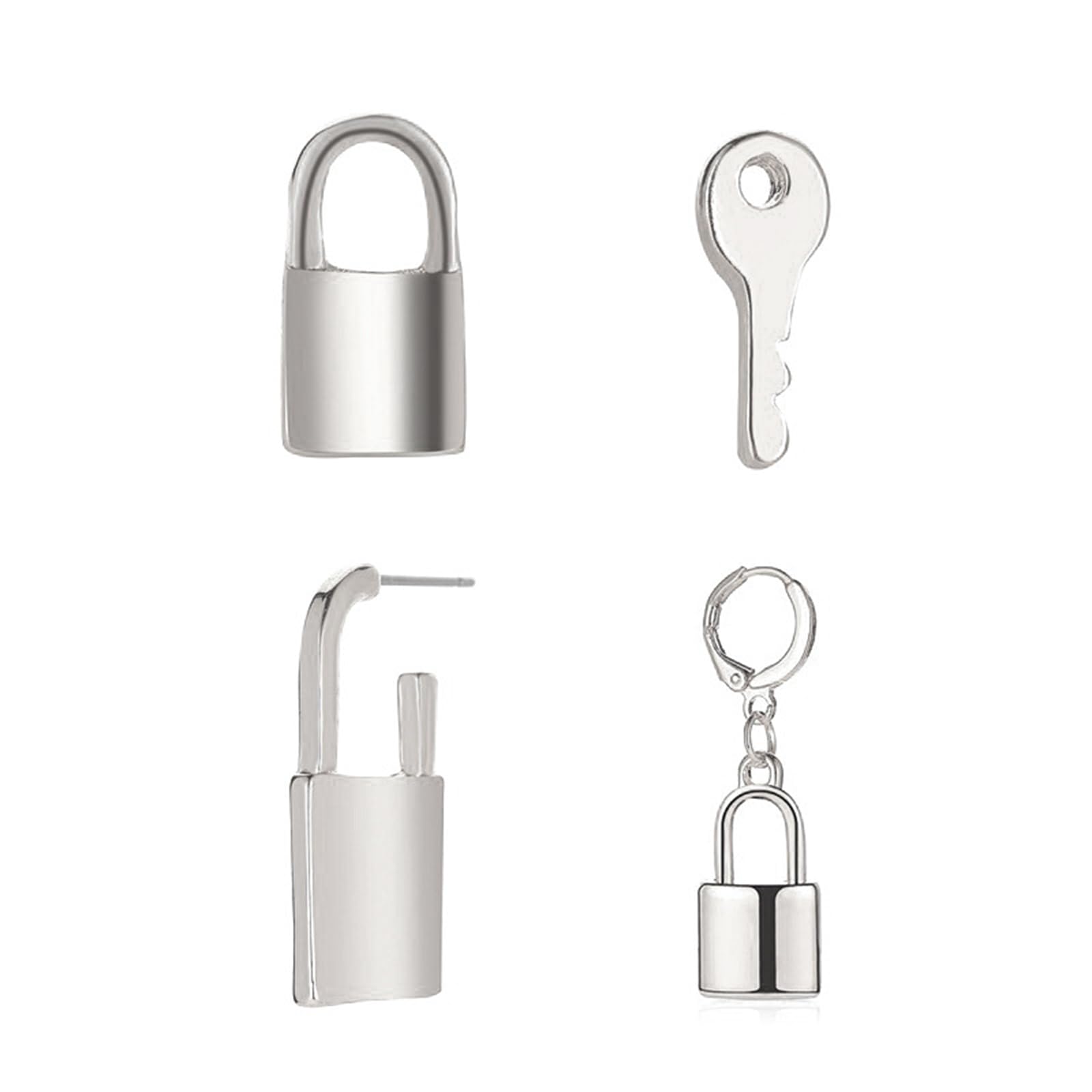 Silver Plated Asymmetric Padlock & Key Dangle Hoop Earrings for Women - Unique Geometric Punk Edgy Aesthetic Jewelry - Perfect for Parties, Gifts & Everyday Wear